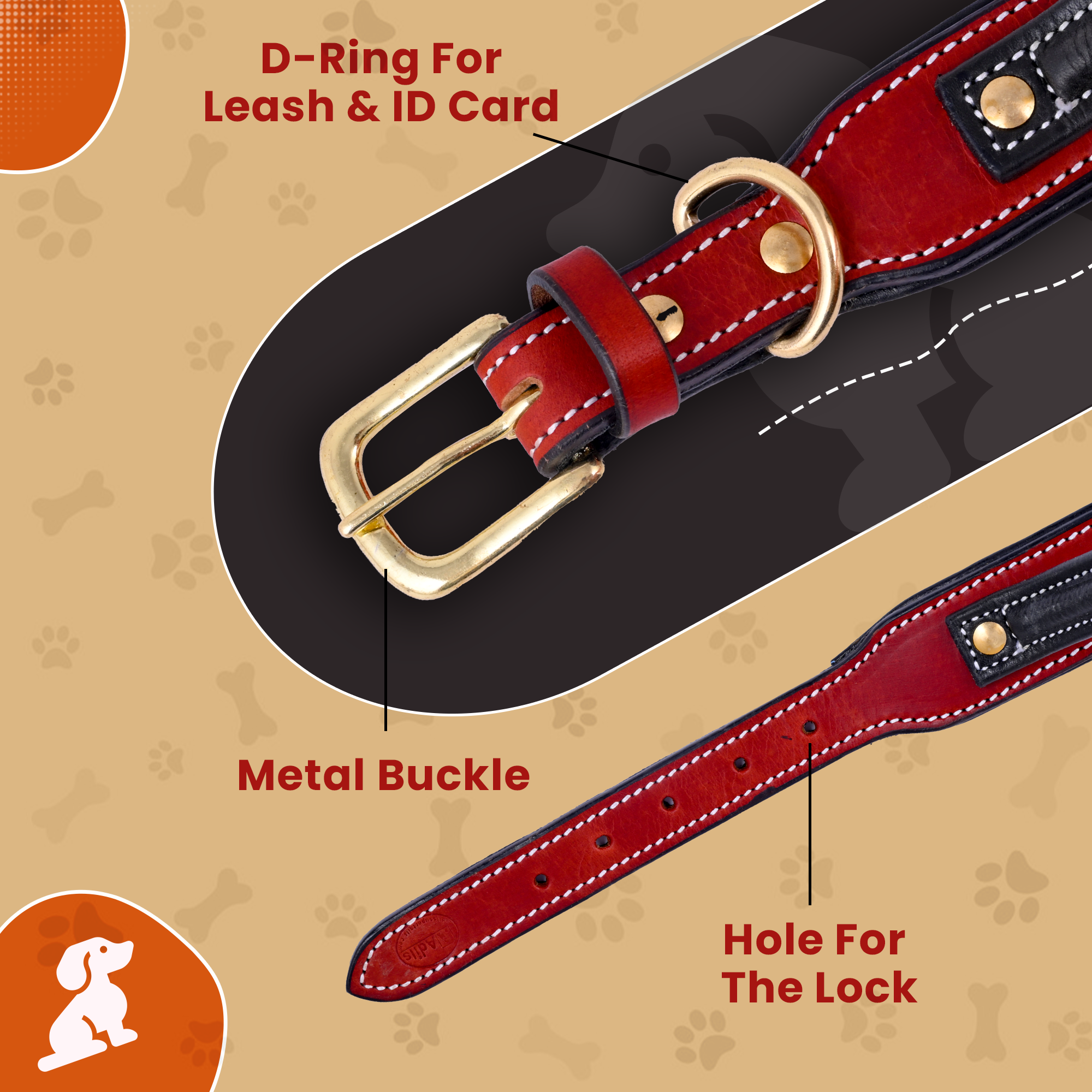 Handle Dog Collar, Adjustable Heavy Duty Leather Dog Collar with Strong Metal D-Ring