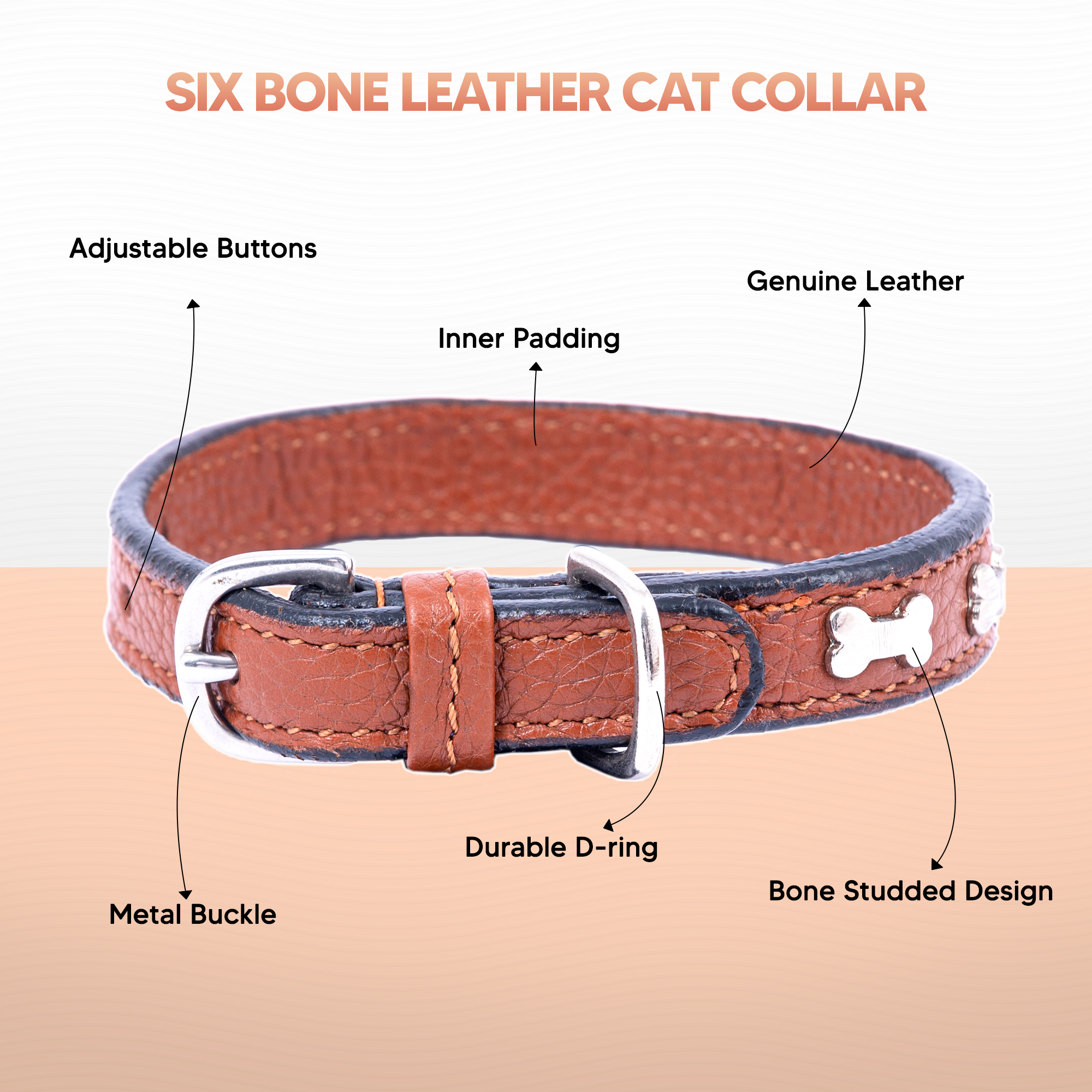 Adil’S Leather Cat Collar - Stylish Six Bone Studded Design, Breakaway Soft pet Collar, Adjustable Metal Buckle with Strong D-Ring for Leash attachments,Comfortable & Secure (Black)