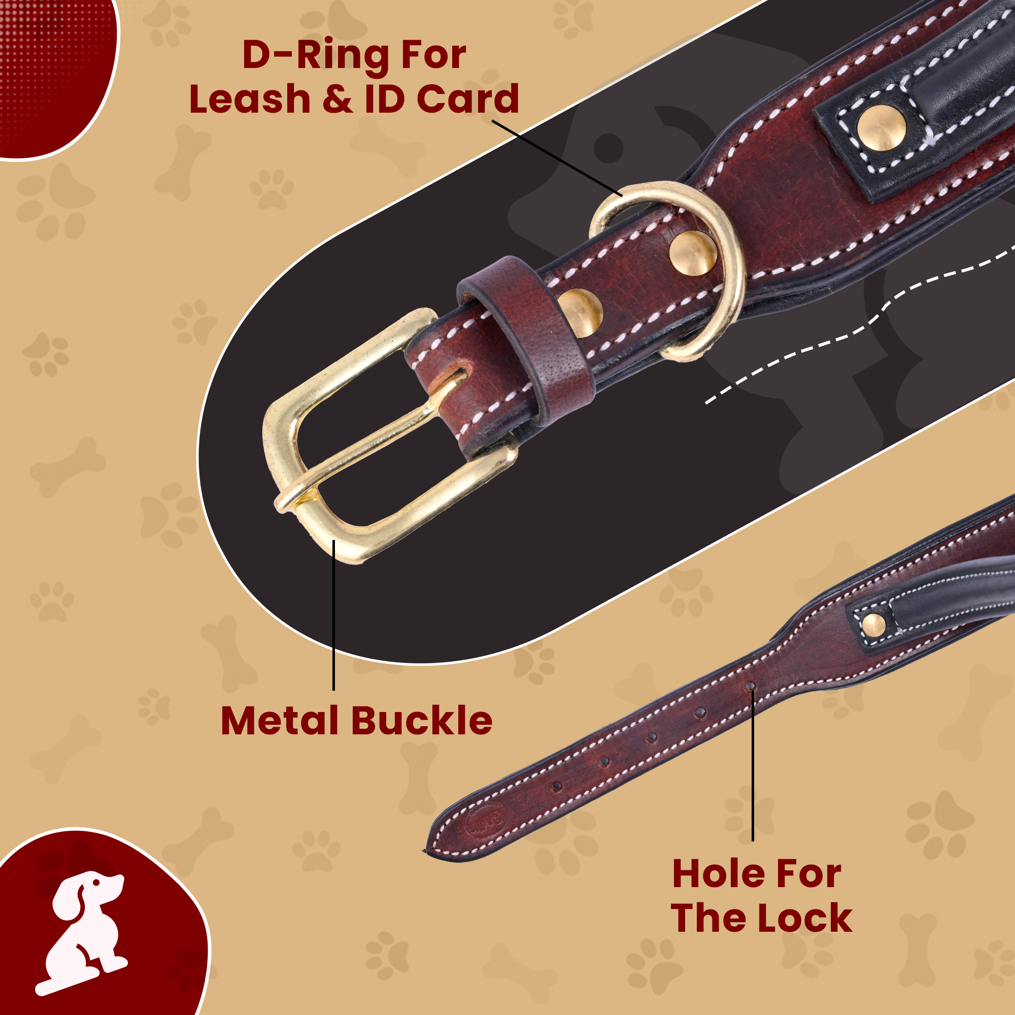 Handle Dog Collar, Adjustable Heavy Duty Leather Dog Collar with Strong Metal D-Ring