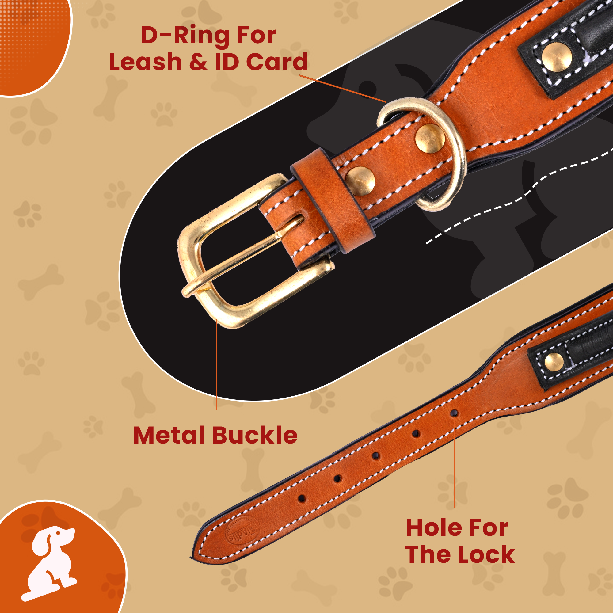 Handle Dog Collar, Adjustable Heavy Duty Leather Dog Collar with Strong Metal D-Ring