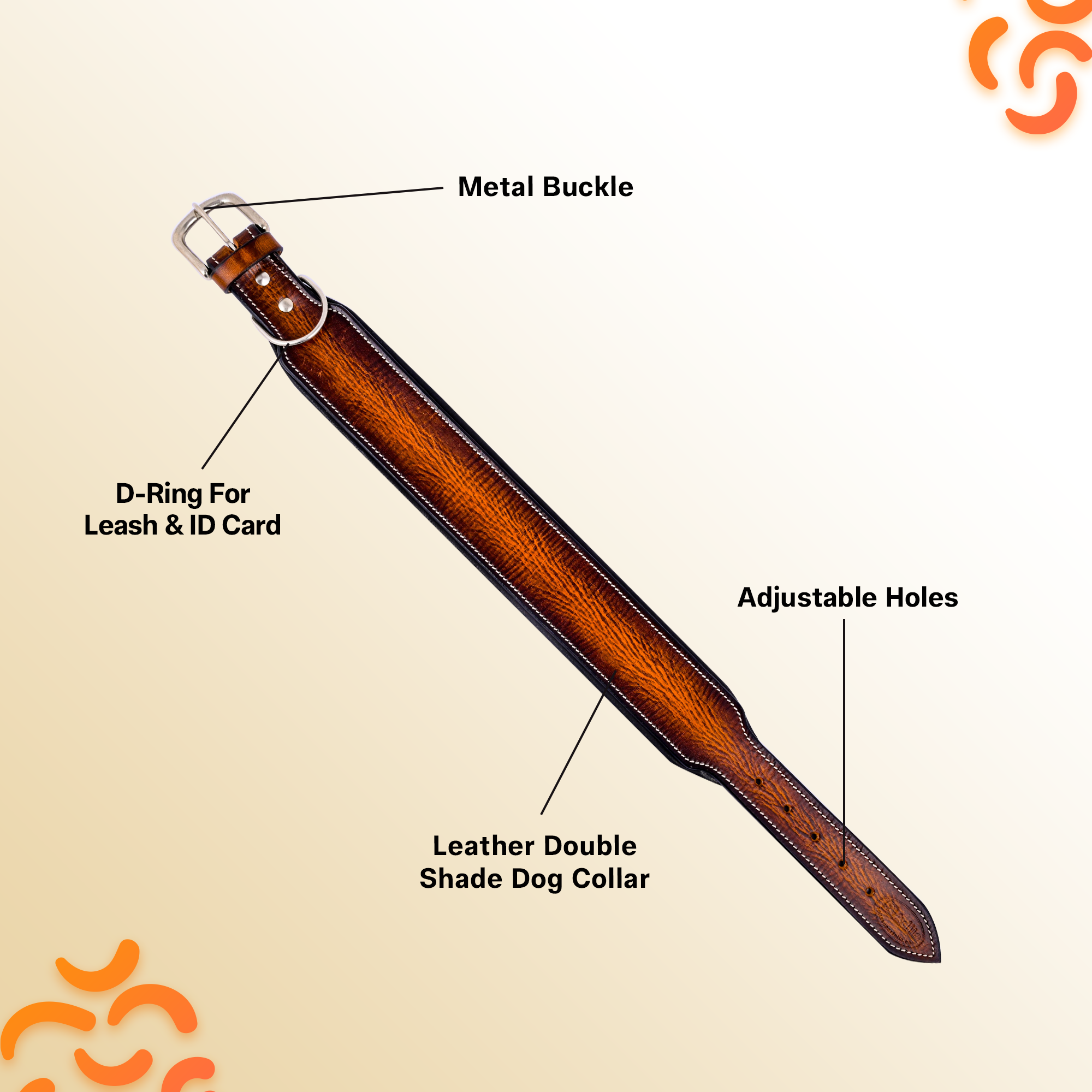 Genuine Leather Double Shade Dog Collar, Unique Design with Meta Buckle & Strong D-Ring