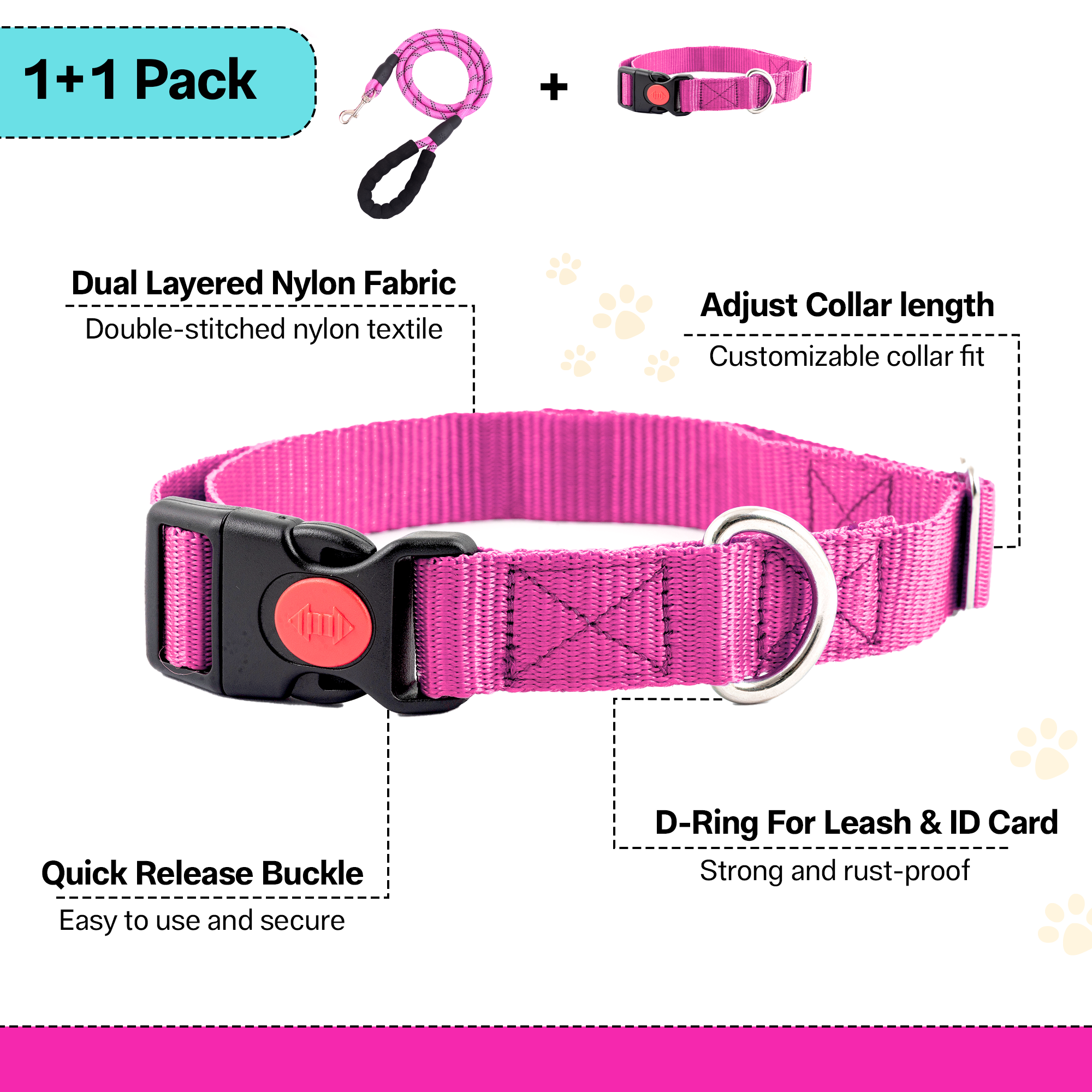 Adil's Nylon Dog Collar & Reflective Leash Set - Soft Padded, 5ft for All Breeds