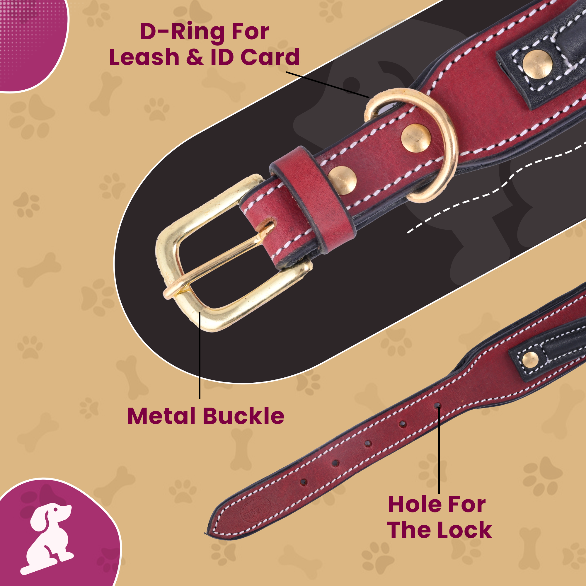 Handle Dog Collar, Adjustable Heavy Duty Leather Dog Collar with Strong Metal D-Ring