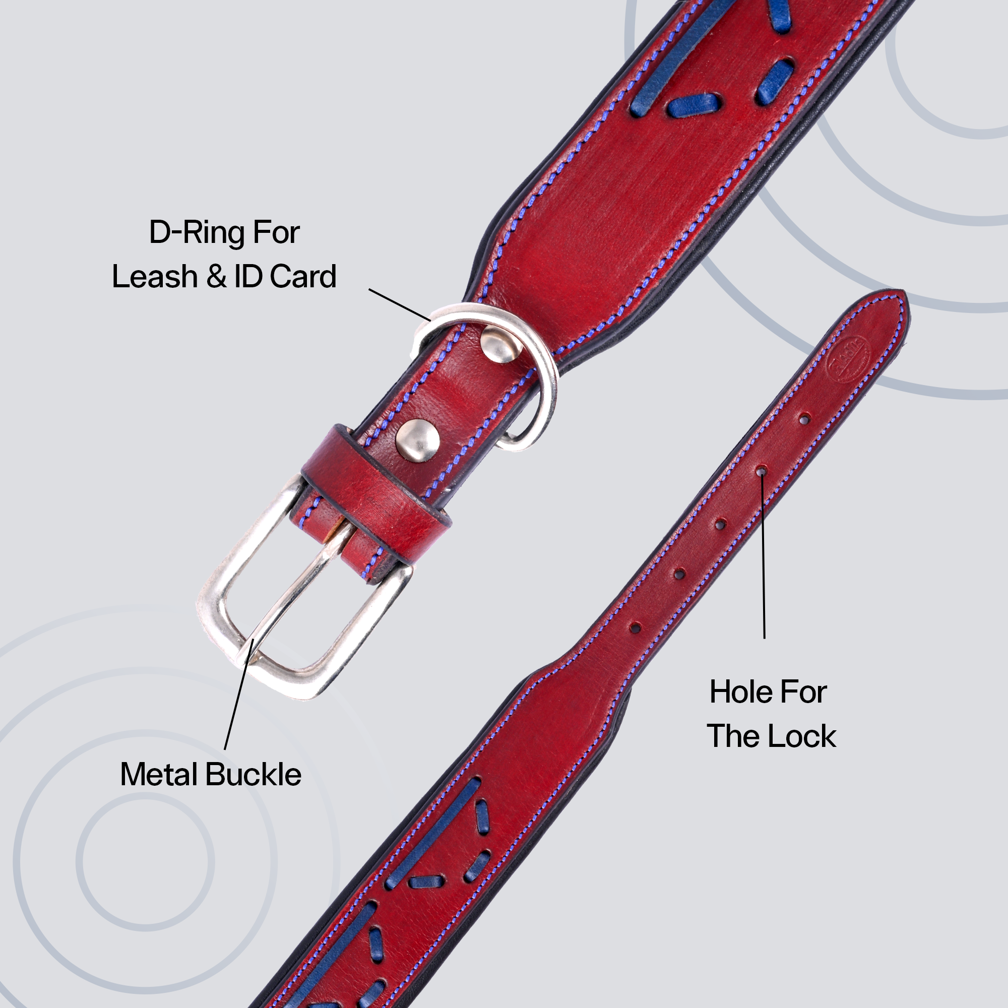 Adil's Leather Dog Collar with Metal Buckle & D-Ring - Red & Navy Blue Design