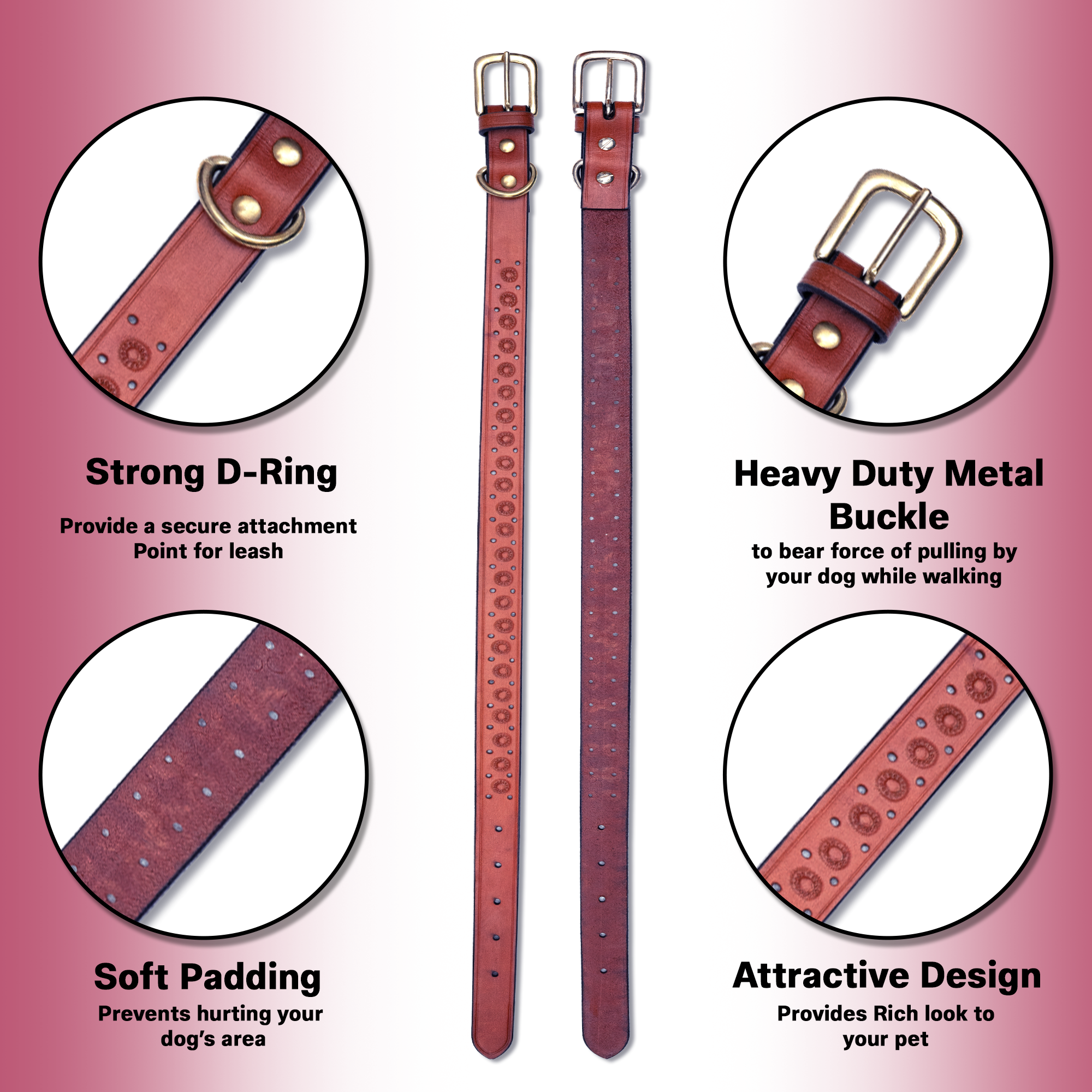 Adil’S Hand-Tooled Leather Dog Collar 1 Inch Width, Adjustable Sizes, Soft Padded Comfort with D-Ring & Sturdy Metal Buckle - Ideal for Small to Large Dogs