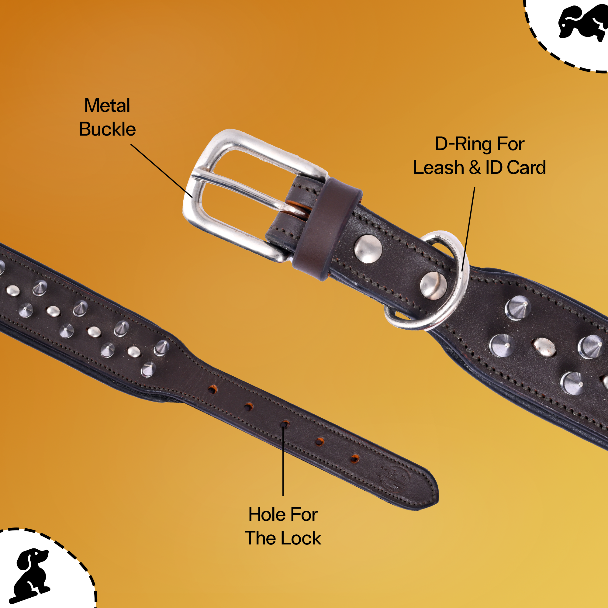 ADIL's Adjustable Spike Studded Dog Collars, Durable Leather Spike Pet Collars For Small Medium & Large Breeds, Strong Metal D-Right & Buckle 1.5 cm
