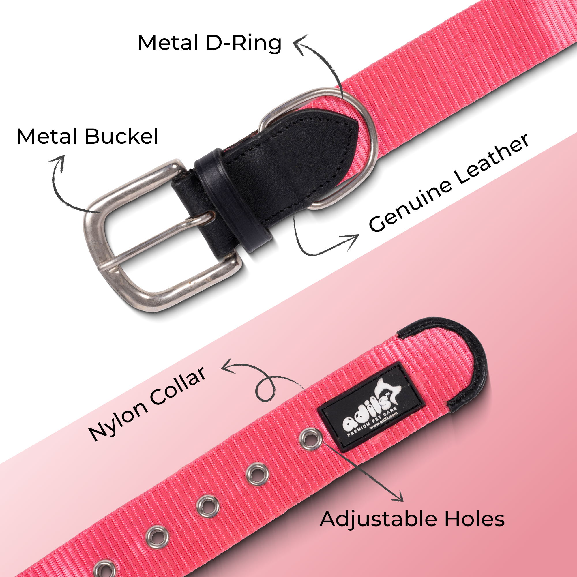 Adil’s Nylon Dog Collar & Leash Combo Set 1.5 Inch Wide Adjustable Collar with Strong Metal Buckle & D-Ring, 5 Ft Durable Leash with 360° Swivel Hook Pets