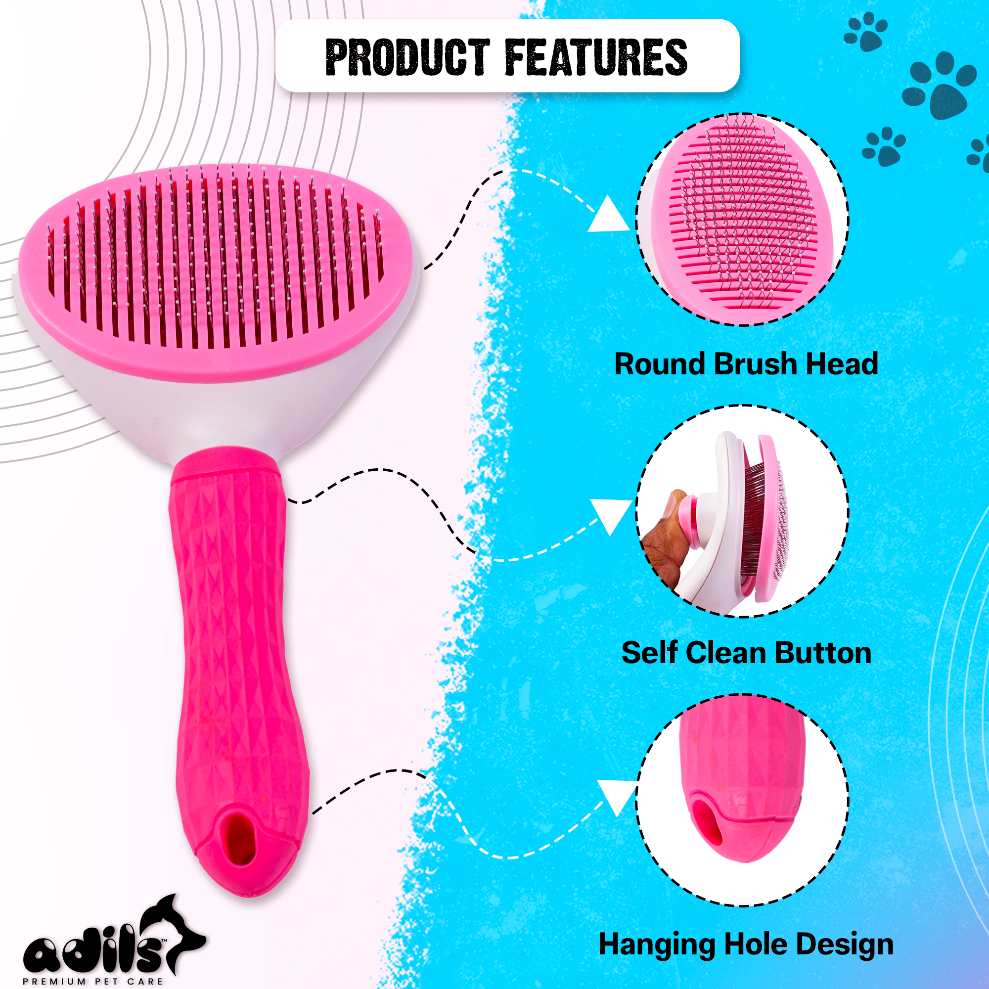 ADIL Self-Cleaning Brush for Dogs, Cats & Bunnies - Pet Grooming Brush