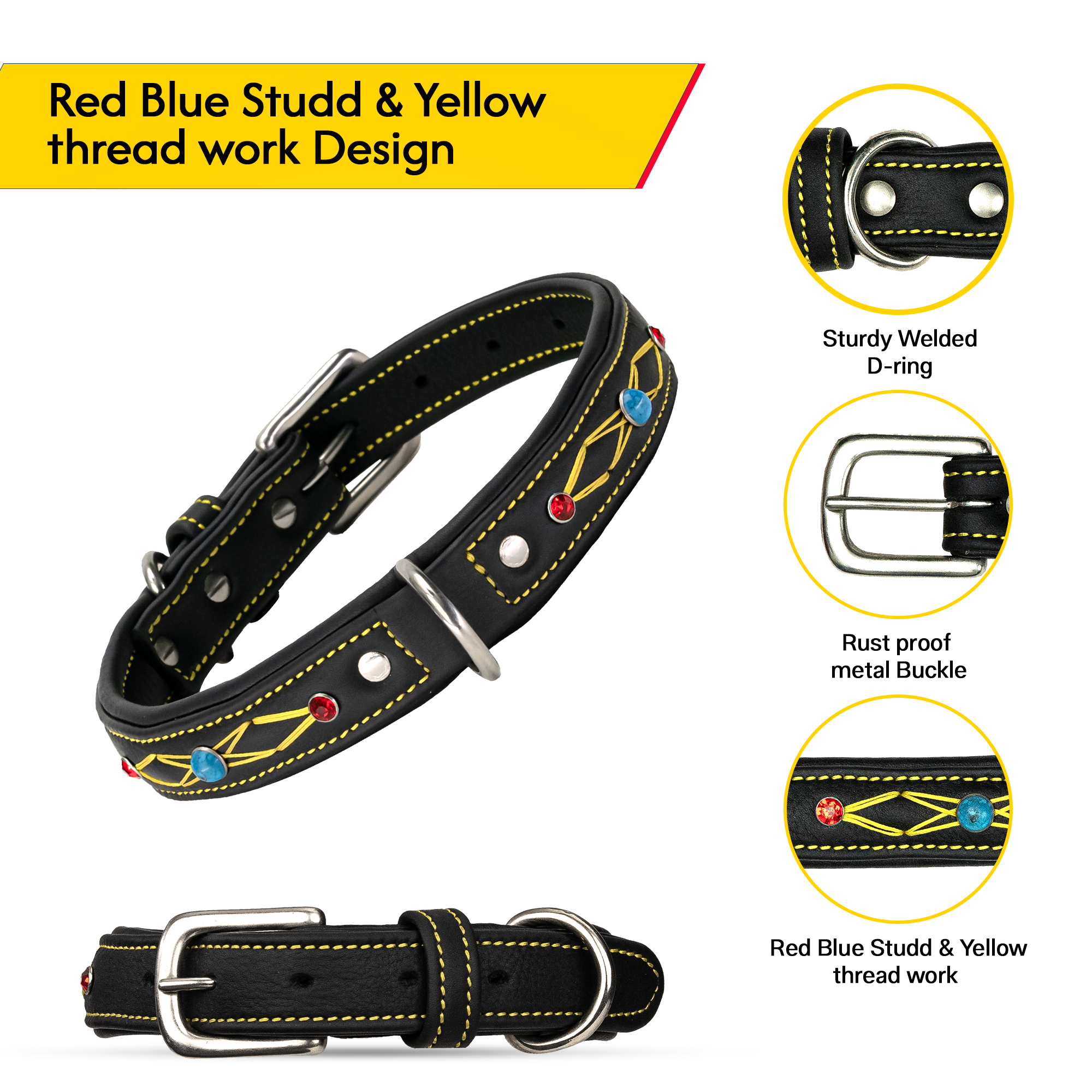 ADIL'S 1-inch Soft Leather Dog Collar Red & Blue Studd With Yellow threadwork Dog Collar