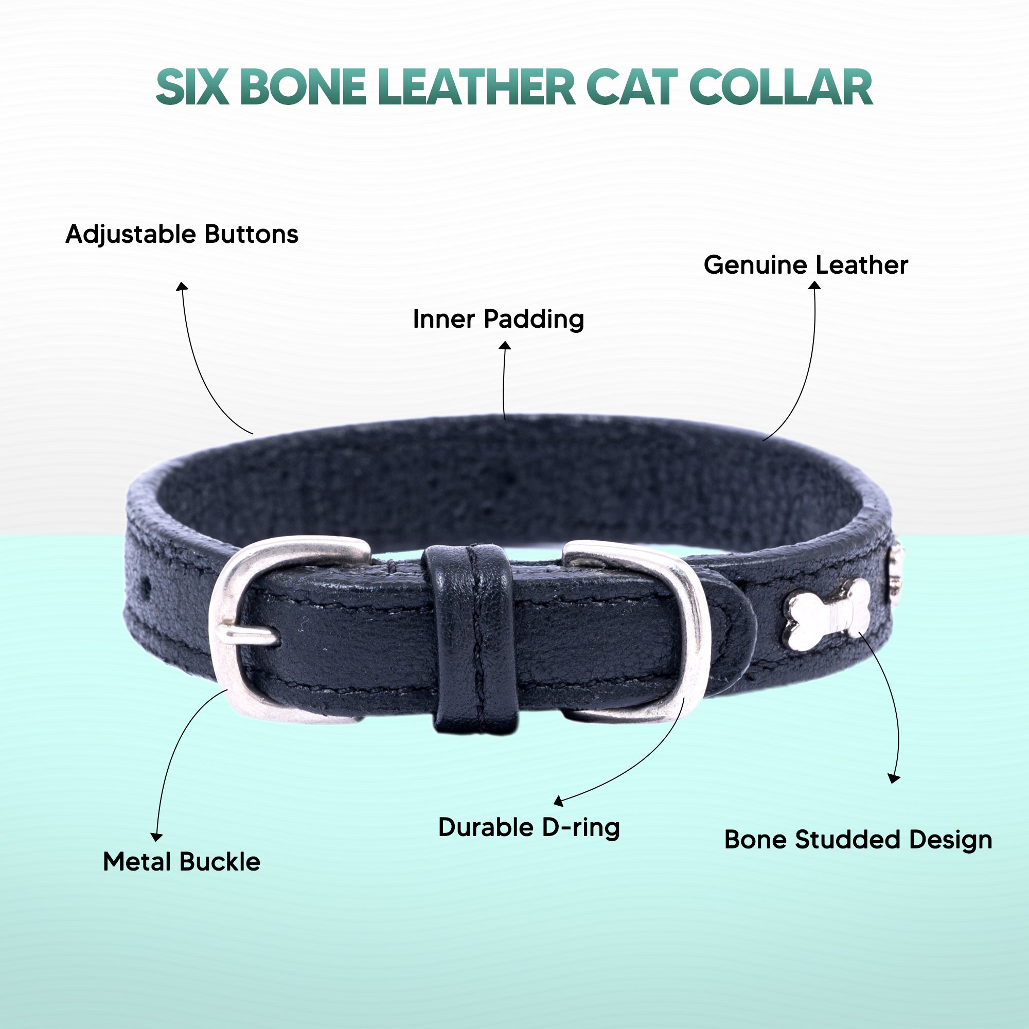 Adil’S Leather Cat Collar - Stylish Six Bone Studded Design, Breakaway Soft pet Collar, Adjustable Metal Buckle with Strong D-Ring for Leash attachments,Comfortable & Secure (Black)