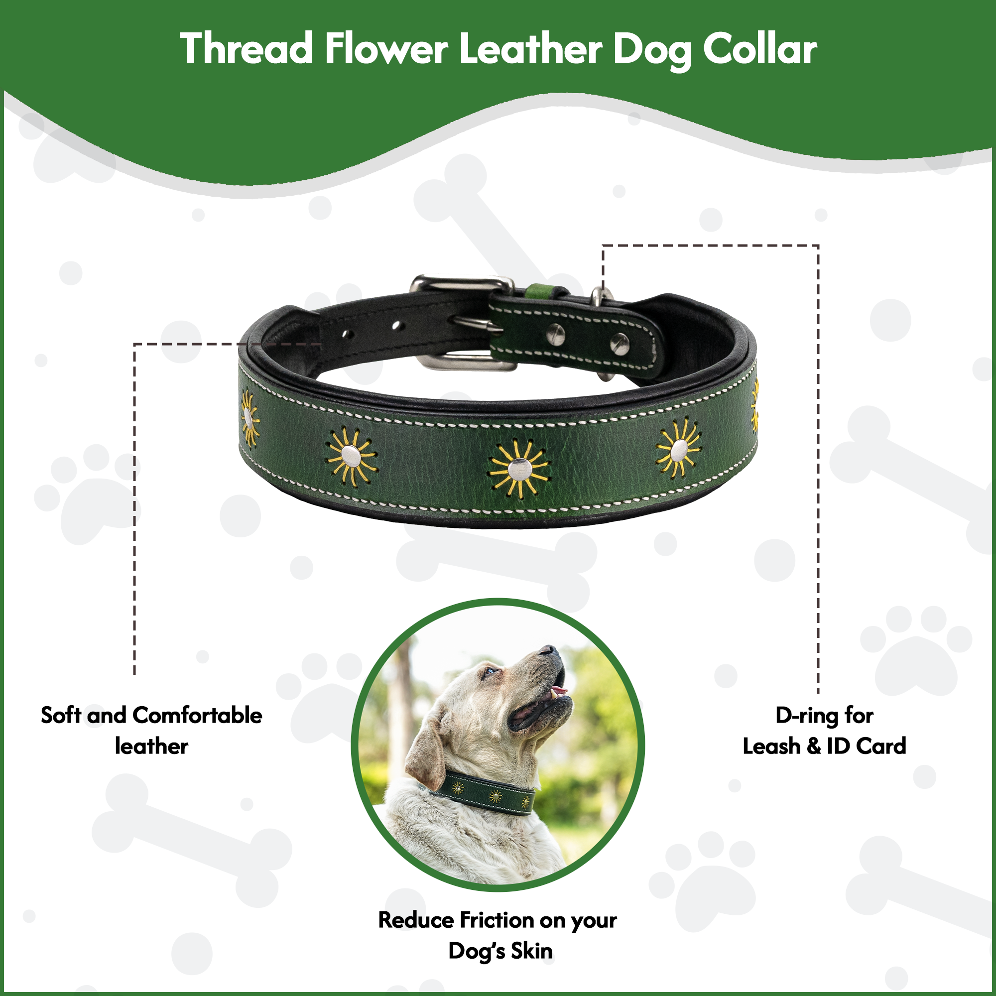Adil’S Leather Dog Collar Thread Flower Design 1.5 width Adjustable Collars for Small Medium & Large Dogs, Made up Genuine Leather with Strong Metal Buckle
