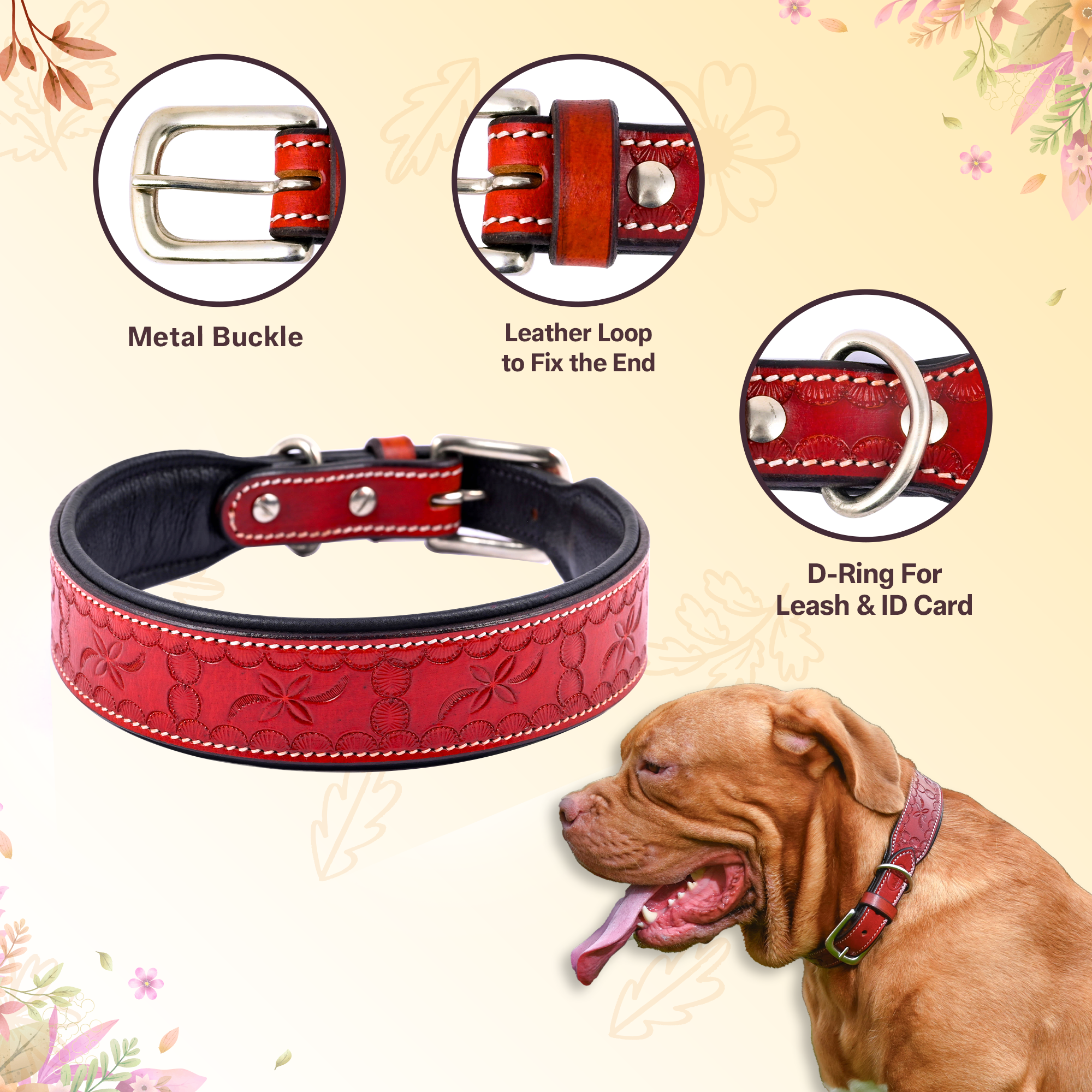 ADIL'S Red Tooling Dog Collar 1.5 Inch Width Suitable For Medium & Large Dogs,Leather Dog Collar With Strong Metal Buckle & D-Ring For Leashes And Id Card
