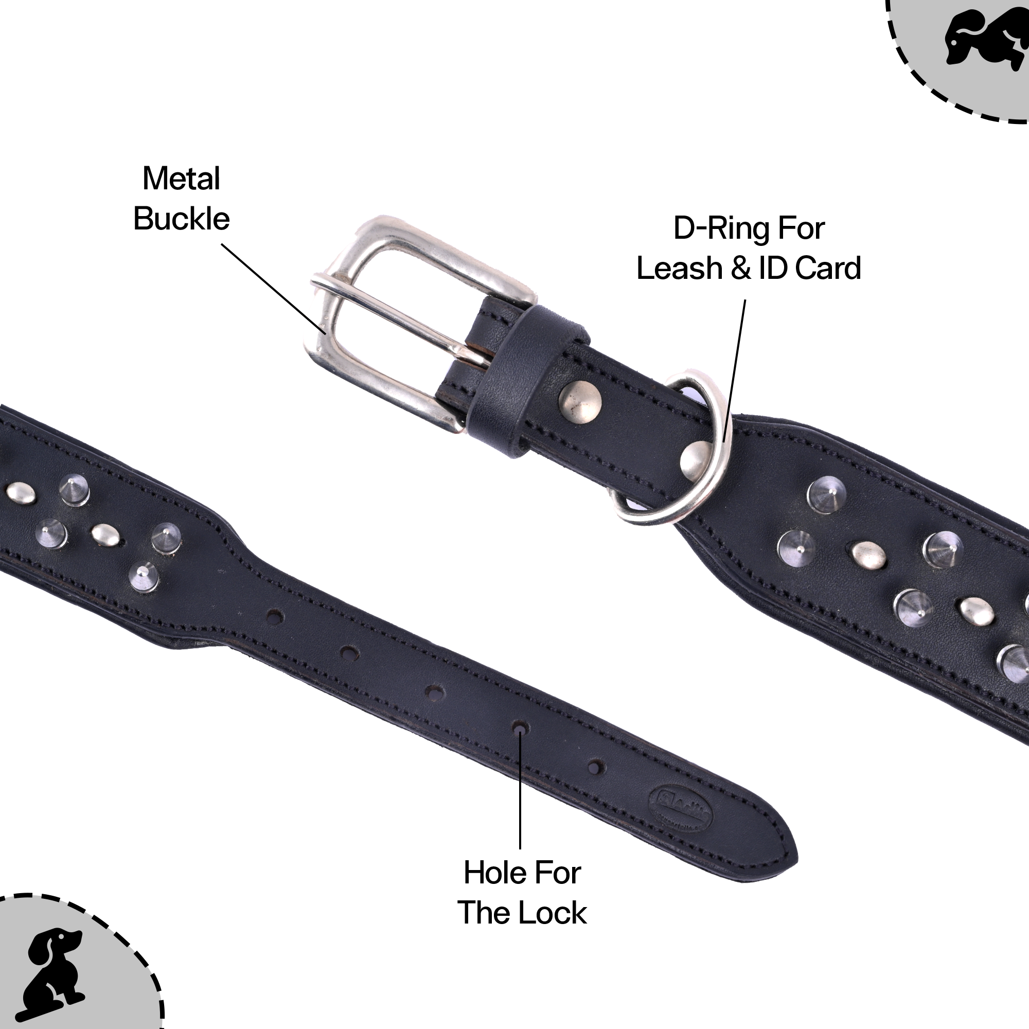 ADIL's Adjustable Spike Studded Dog Collars, Durable Leather Spike Pet Collars For Small Medium & Large Breeds, Strong Metal D-Right & Buckle 1.5 cm