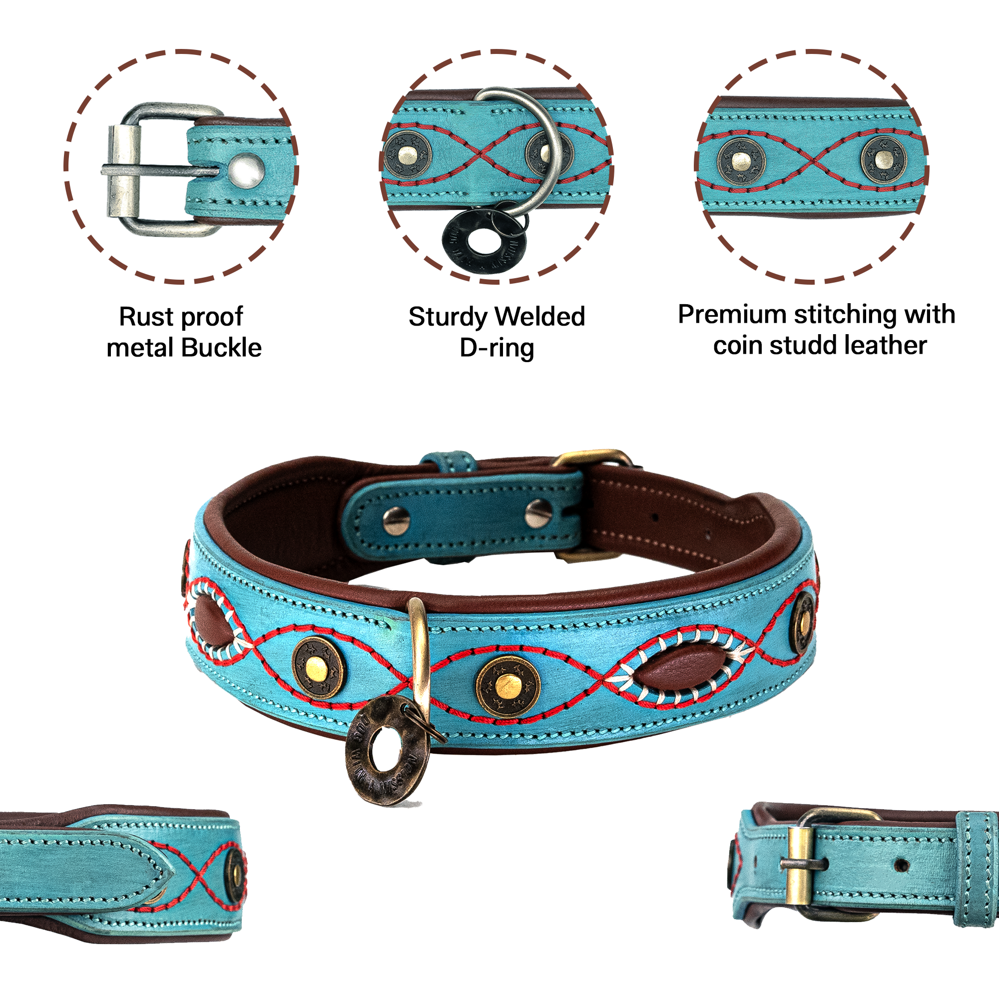 Coin Studded Leather Dog Collar – 1.5" wide, durable leather with premium stitching, metal buckle & D-ring. Fits small to large dogs.