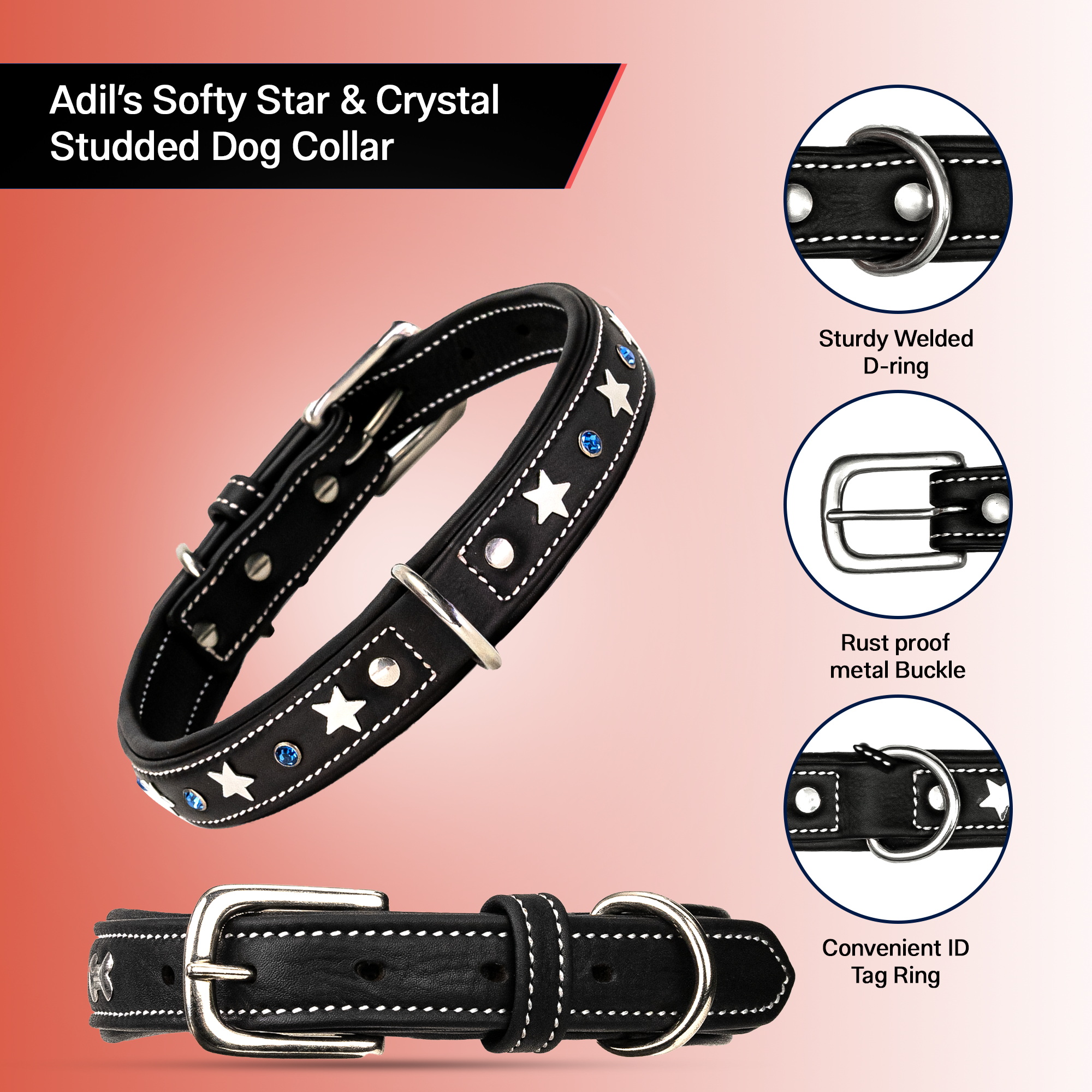 Adjustable Leather Dog Collar with Silver Softy Stars and Blue Accent Studs, 1 inch Width Crystal Studded Classic Design