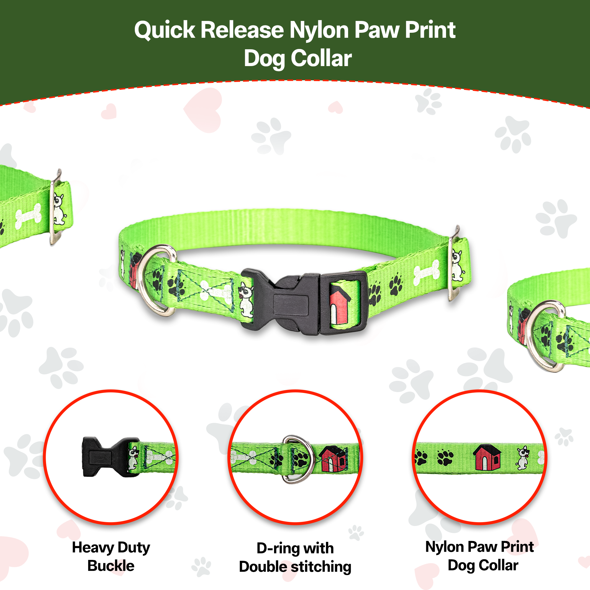 Adil’S Nylon Paw Print Dog Collar with Adjustable Quick Release Buckle & D-Ring for Leashes