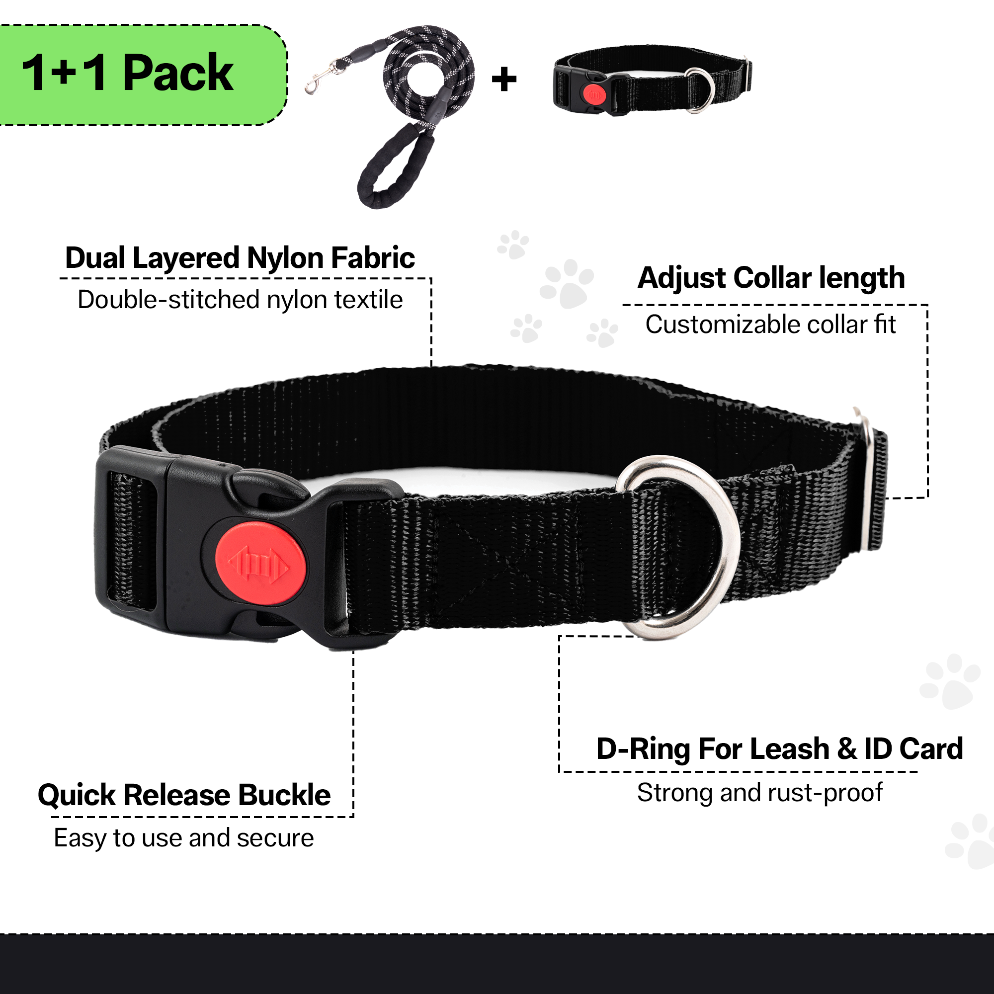 Adil's Nylon Dog Collar & Reflective Leash Set - Soft Padded, 5ft for All Breeds