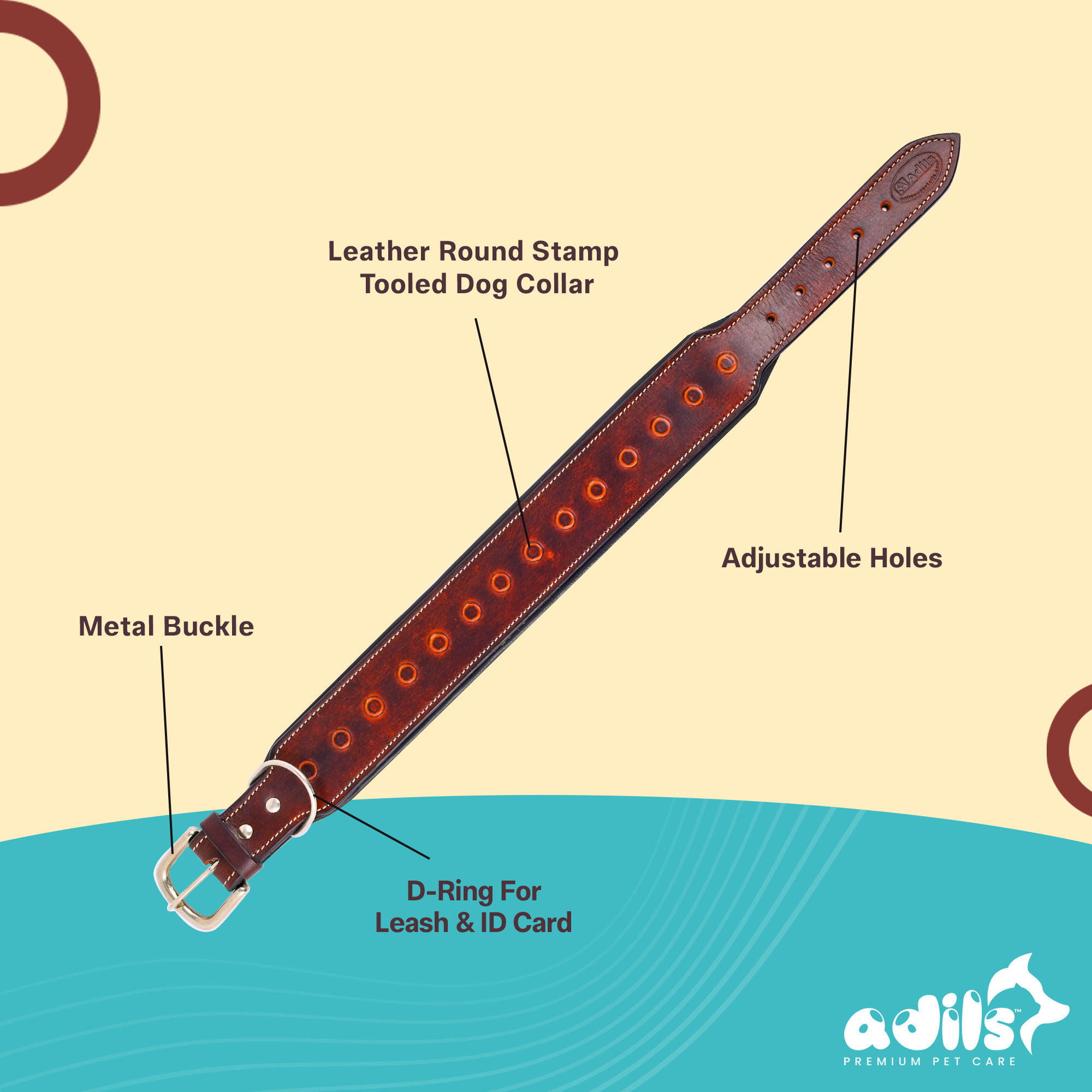 Handcrafted Leather Round Stamp Tooled Dog Collar | Made of Genuine Leather