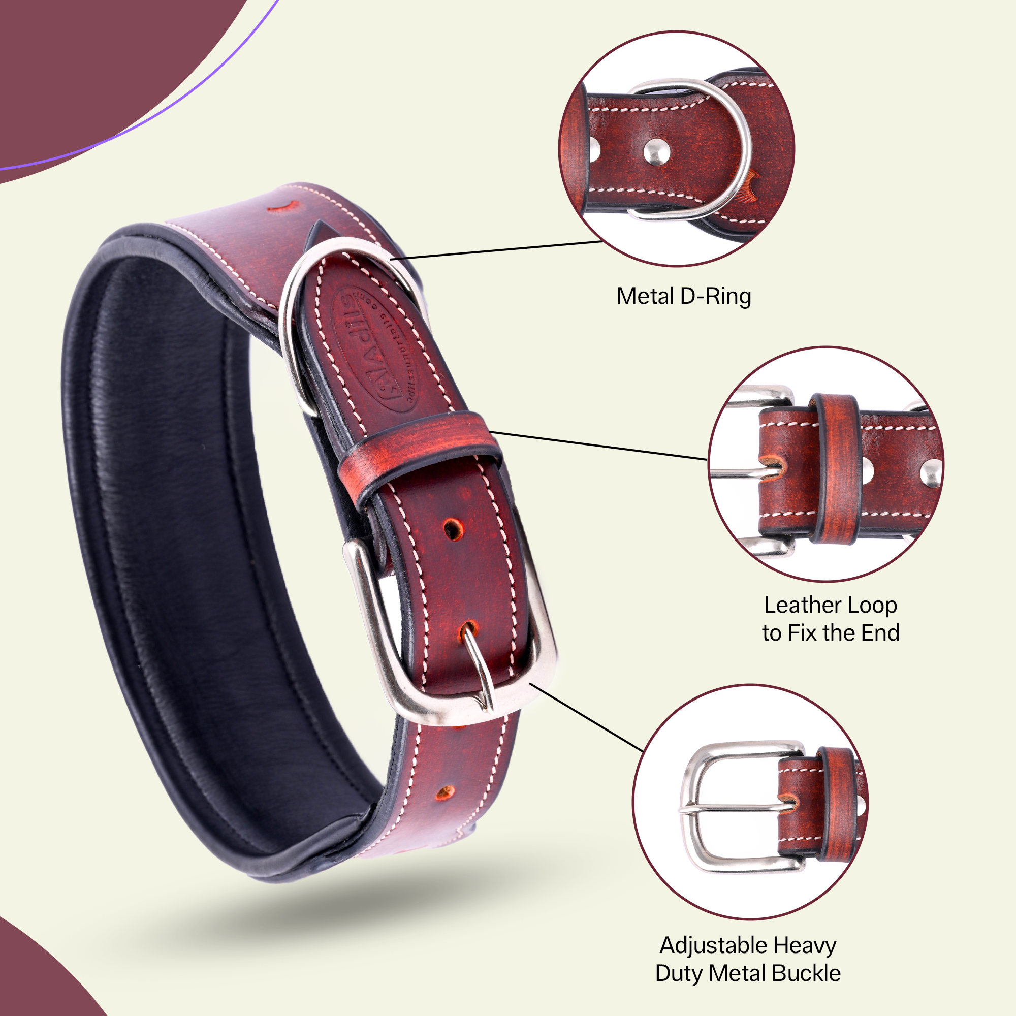 Handmade Leather Sun Border Tooling Dog Collar Heavy Duty with Adjustable Buckle