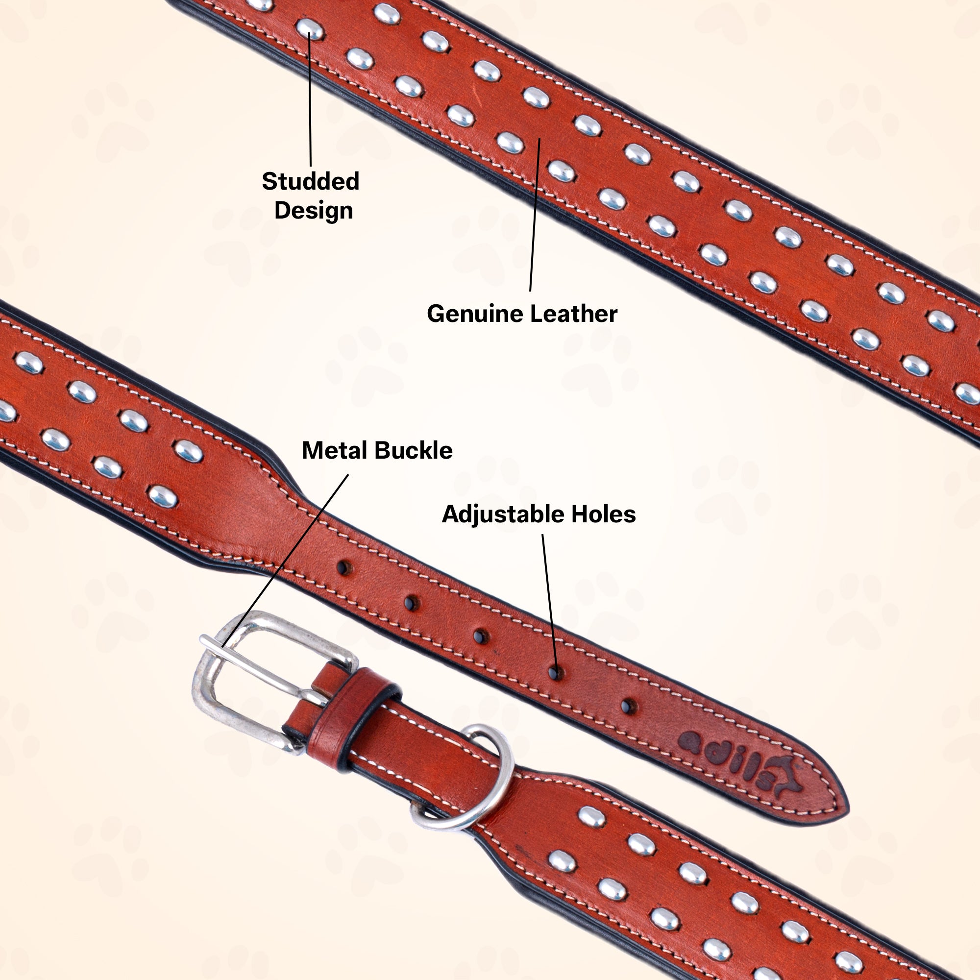 ADIL'S Studded Genuine Leather Dog Collar – Heavy-Duty, Padded, Adjustable 1.5" Width Dog Belt with D-Ring & Metal Buckle for Medium & Large Dogs