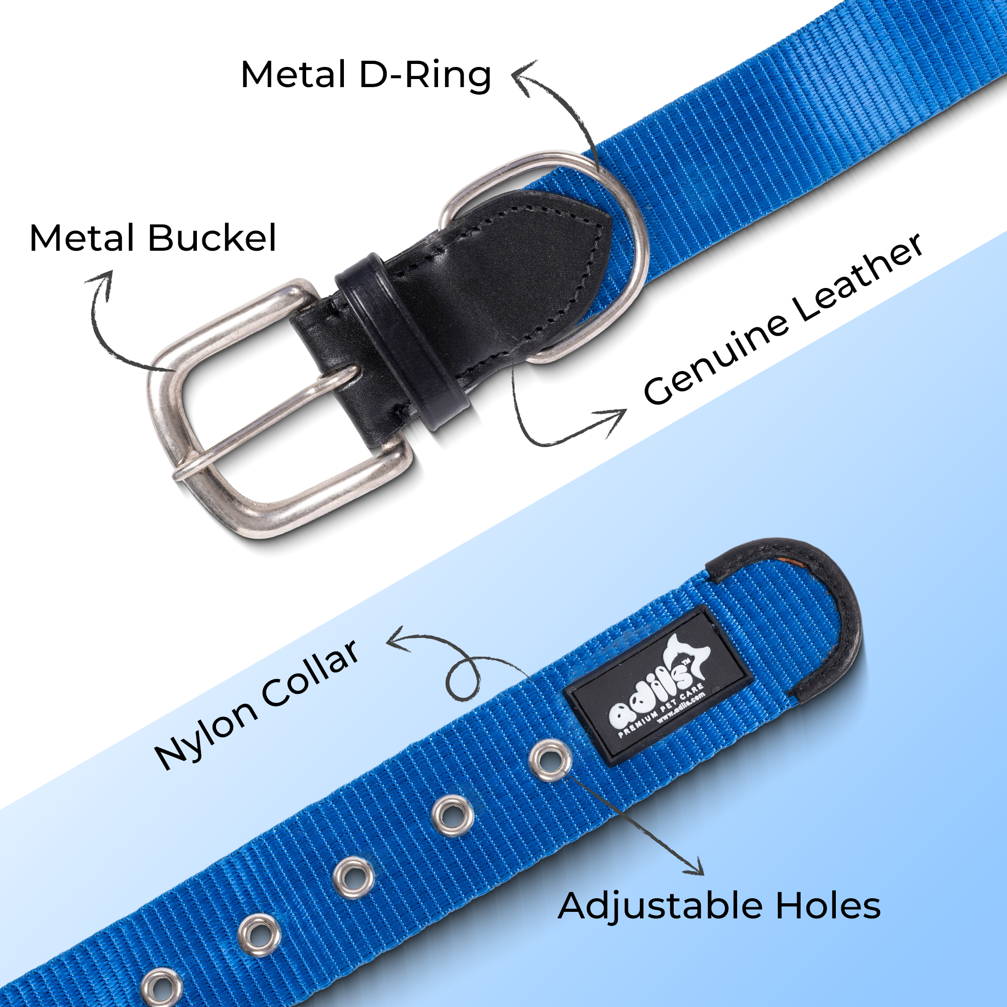 Adil’s Nylon Dog Collar & Leash Combo Set 1.5 Inch Wide Adjustable Collar with Strong Metal Buckle & D-Ring, 5 Ft Durable Leash with 360° Swivel Hook Pets
