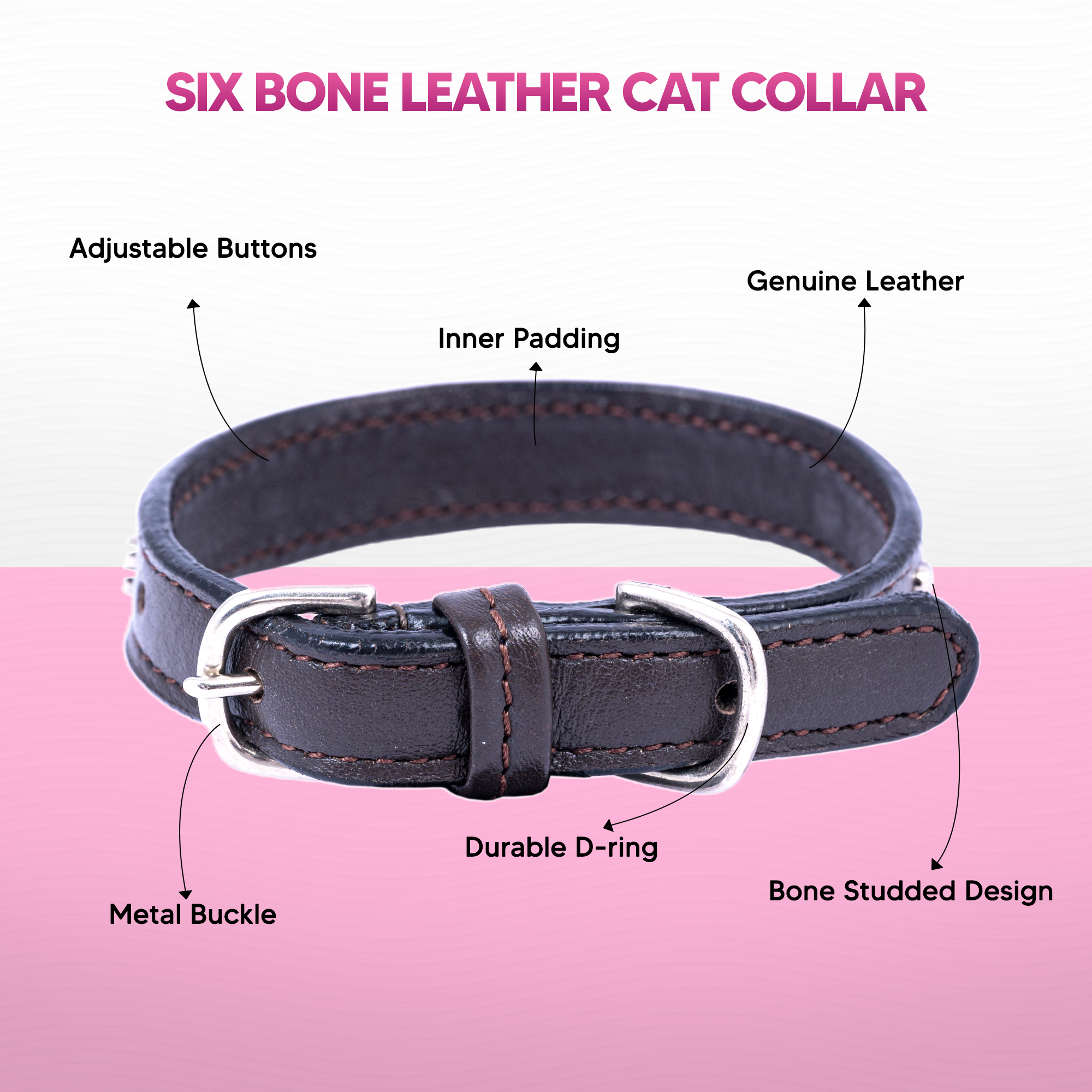 Adil’S Leather Cat Collar - Stylish Six Bone Studded Design, Breakaway Soft pet Collar, Adjustable Metal Buckle with Strong D-Ring for Leash attachments,Comfortable & Secure (Black)