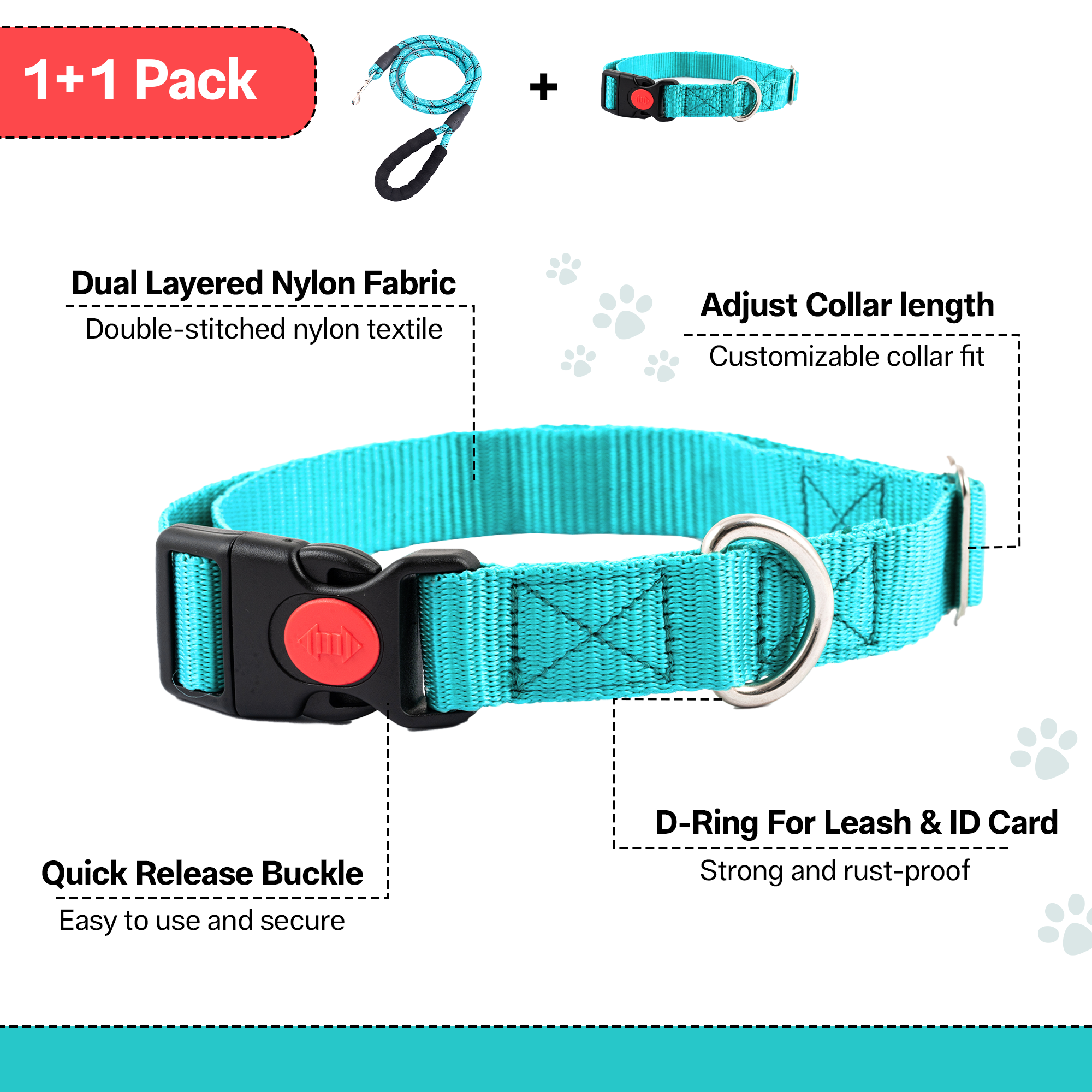 Adil's Nylon Dog Collar & Reflective Leash Set - Soft Padded, 5ft for All Breeds