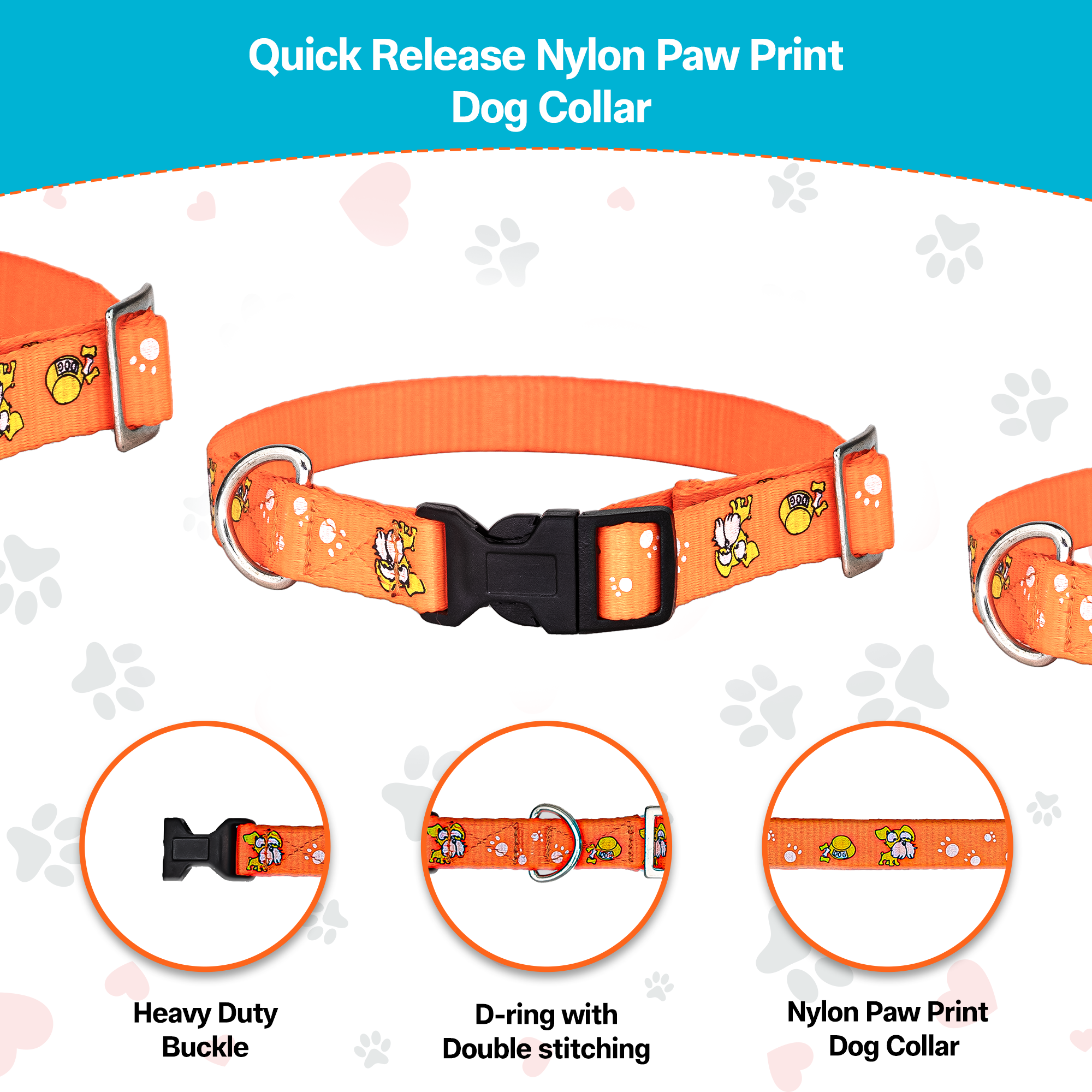 Adil’S Nylon Paw Print Dog Collar with Adjustable Quick Release Buckle & D-Ring for Leashes