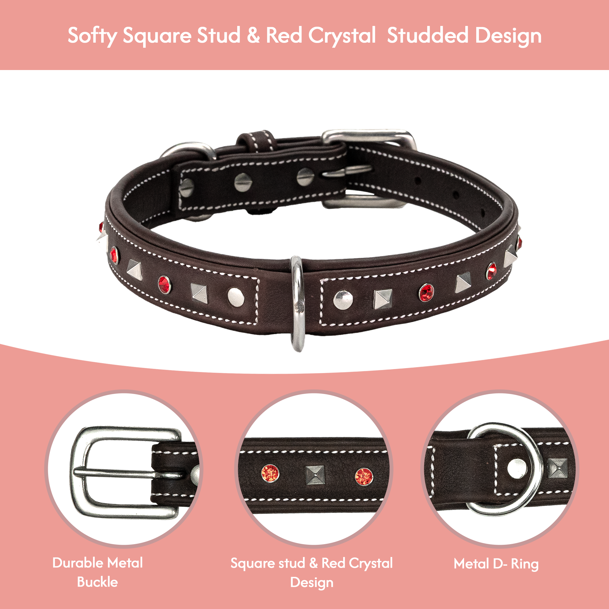 Adil's Premium Brown Leather Dog Collar with Red Crystals & Silver Studs - 1" Wide, Adjustable 12"-26" Neck, Metal Buckle & D-Ring