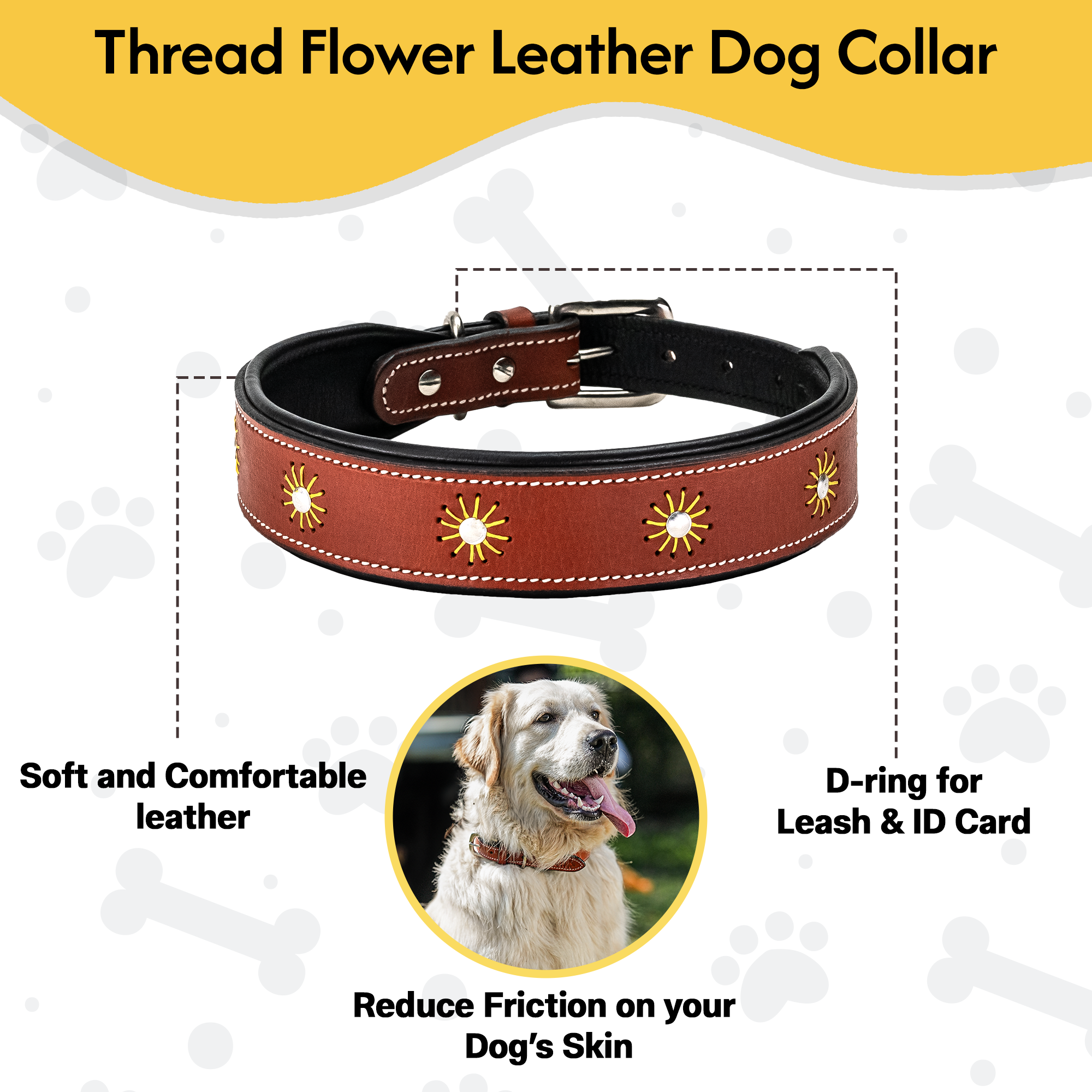 Adil’S Leather Dog Collar Thread Flower Design 1.5 width Adjustable Collars for Small Medium & Large Dogs, Made up Genuine Leather with Strong Metal Buckle