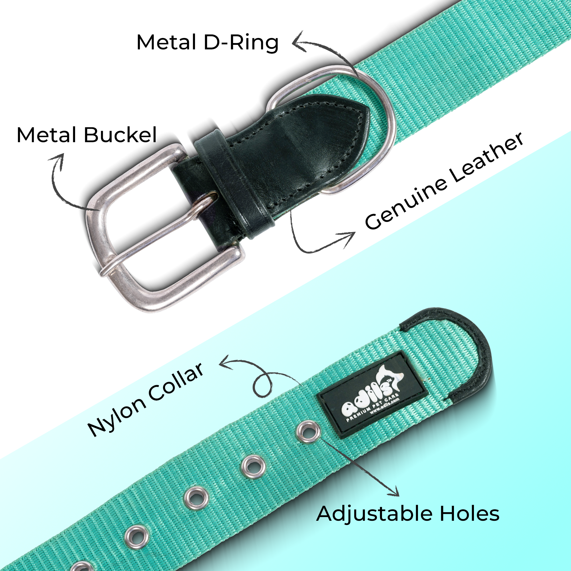Adil’s Nylon Dog Collar & Leash Combo Set 1.5 Inch Wide Adjustable Collar with Strong Metal Buckle & D-Ring, 5 Ft Durable Leash with 360° Swivel Hook Pets