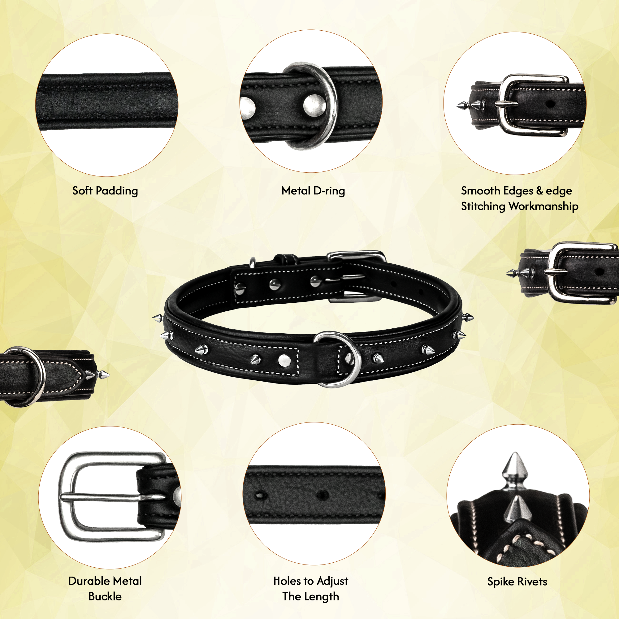 Adil's Spiked Softy Leather Dog Collar with Mushroom Rivet Studs - Adjustable for All Breeds, Metal Buckle & D-Ring