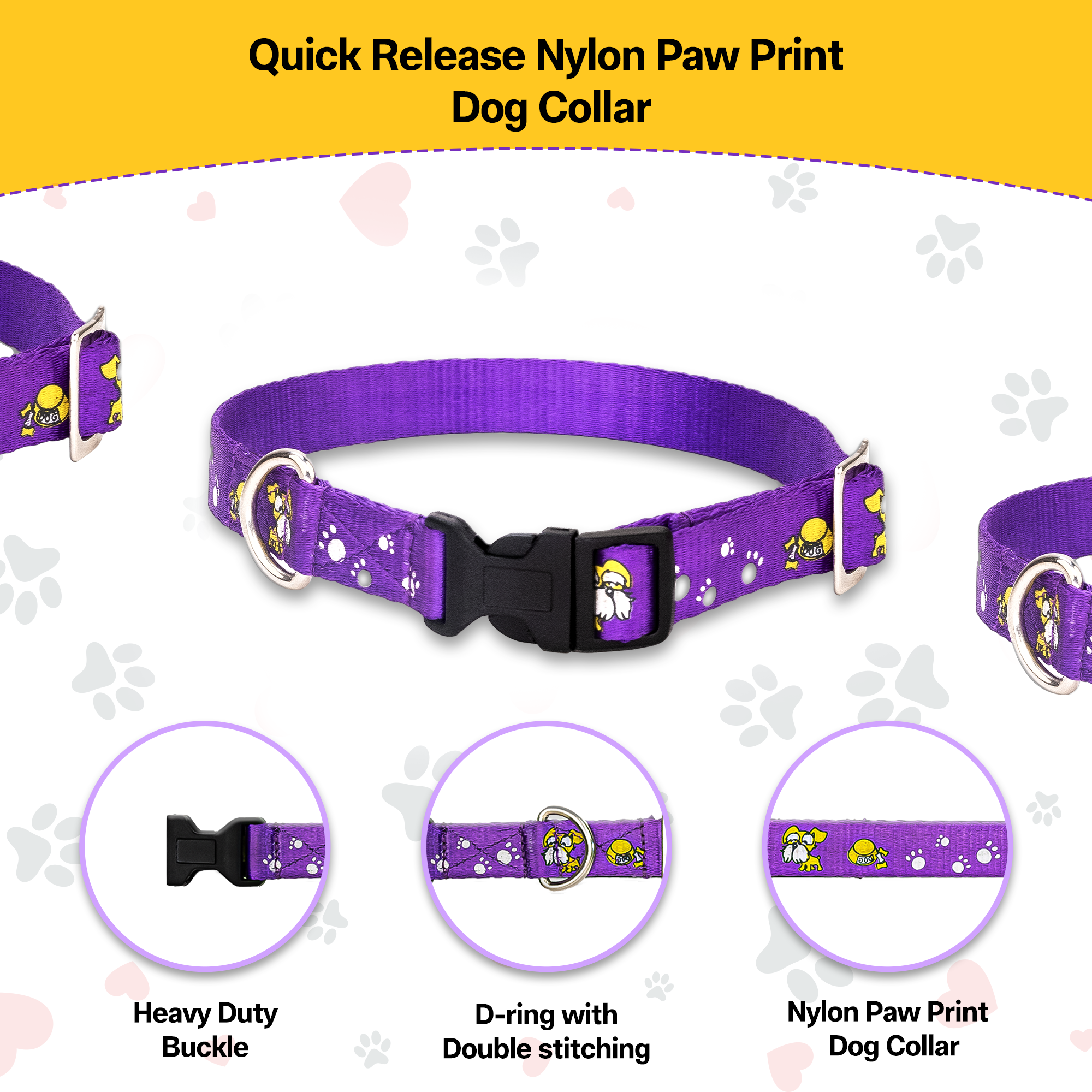 Adil’S Nylon Paw Print Dog Collar with Adjustable Quick Release Buckle & D-Ring for Leashes