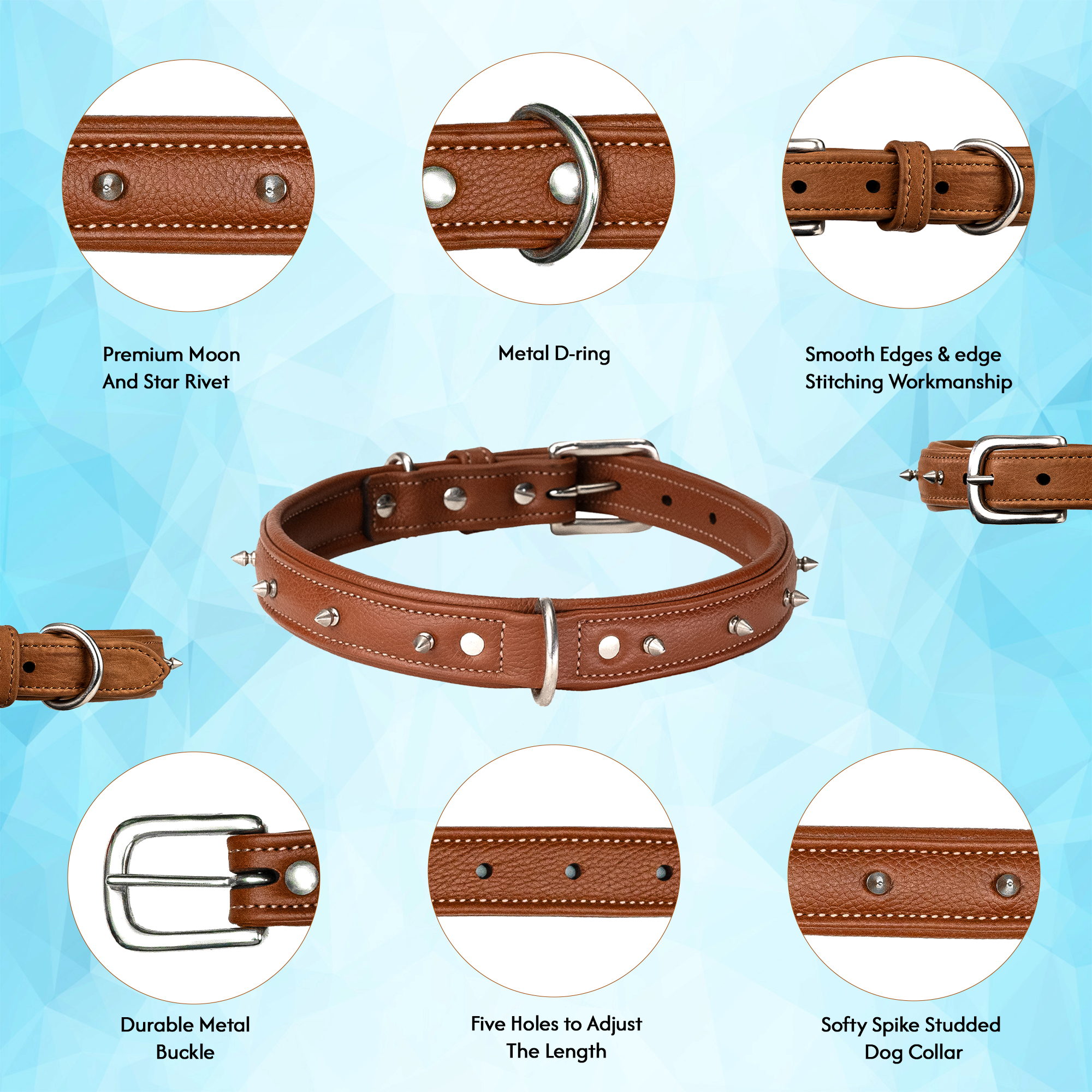 Adil's Spiked Softy Leather Dog Collar with Mushroom Rivet Studs - Adjustable for All Breeds, Metal Buckle & D-Ring