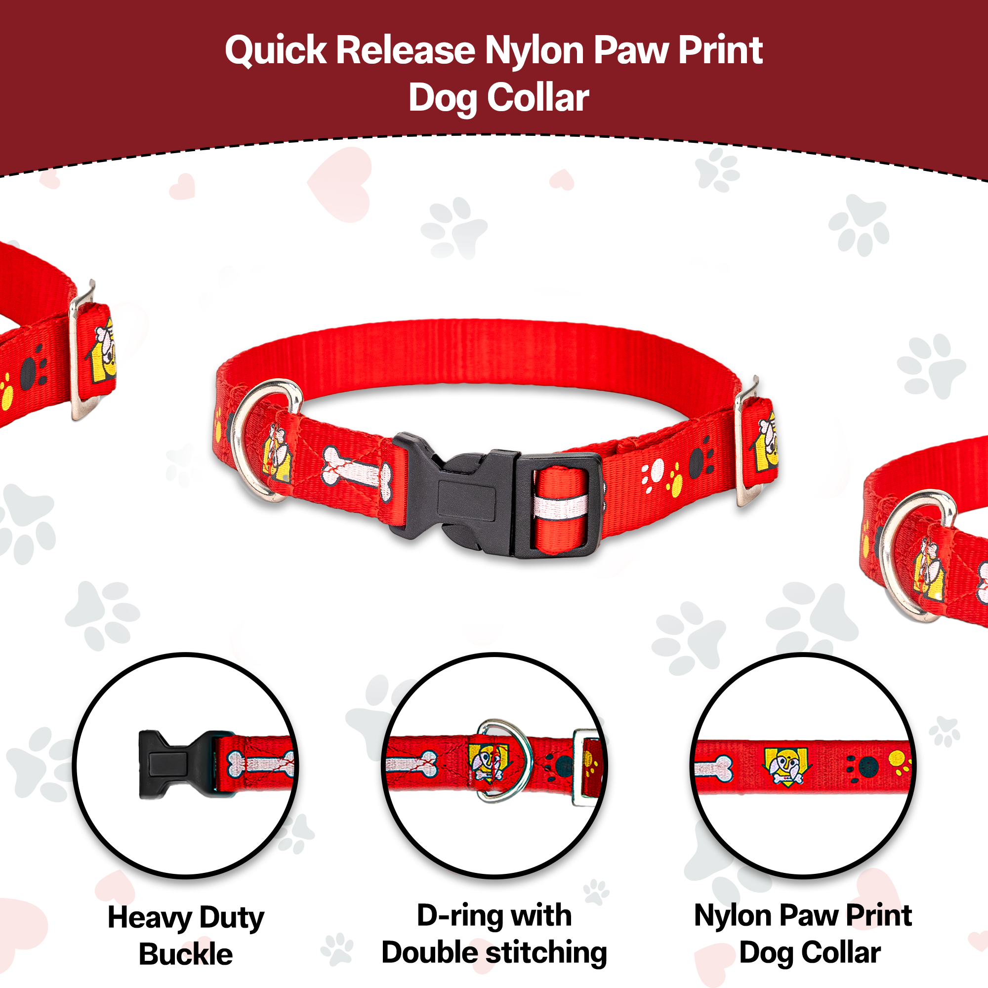 Adil’S Nylon Paw Print Dog Collar with Adjustable Quick Release Buckle & D-Ring for Leashes