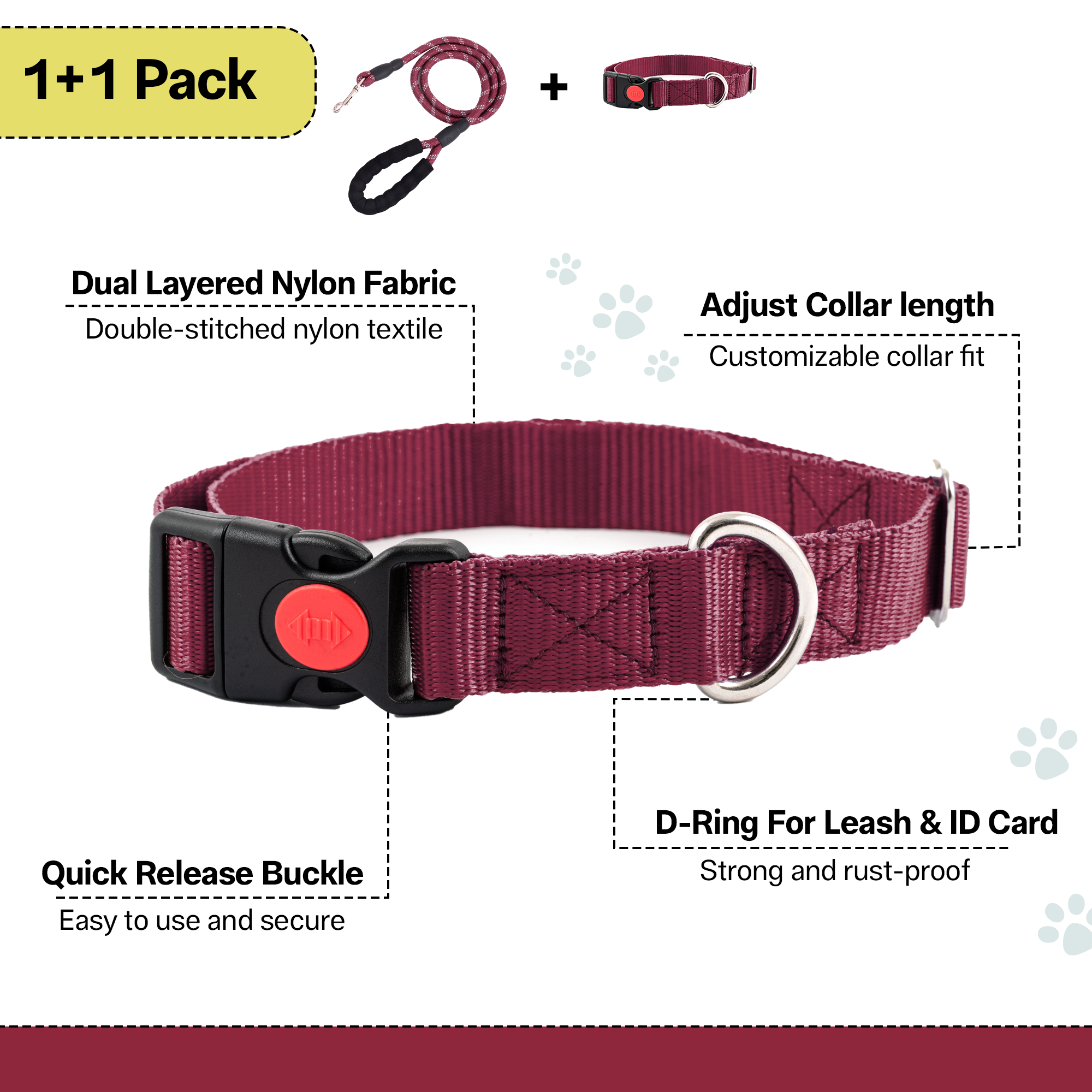 Adil's Nylon Dog Collar & Reflective Leash Set - Soft Padded, 5ft for All Breeds