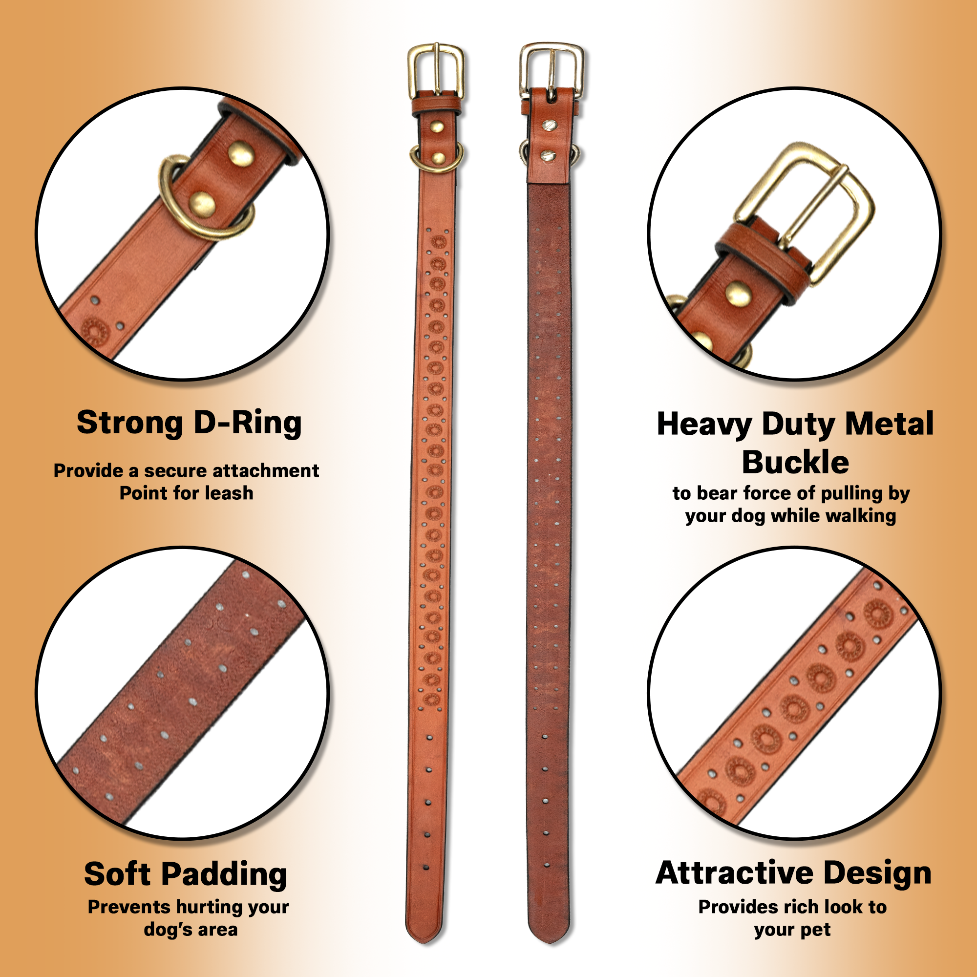 Adil’S Hand-Tooled Leather Dog Collar 1 Inch Width, Adjustable Sizes, Soft Padded Comfort with D-Ring & Sturdy Metal Buckle - Ideal for Small to Large Dogs