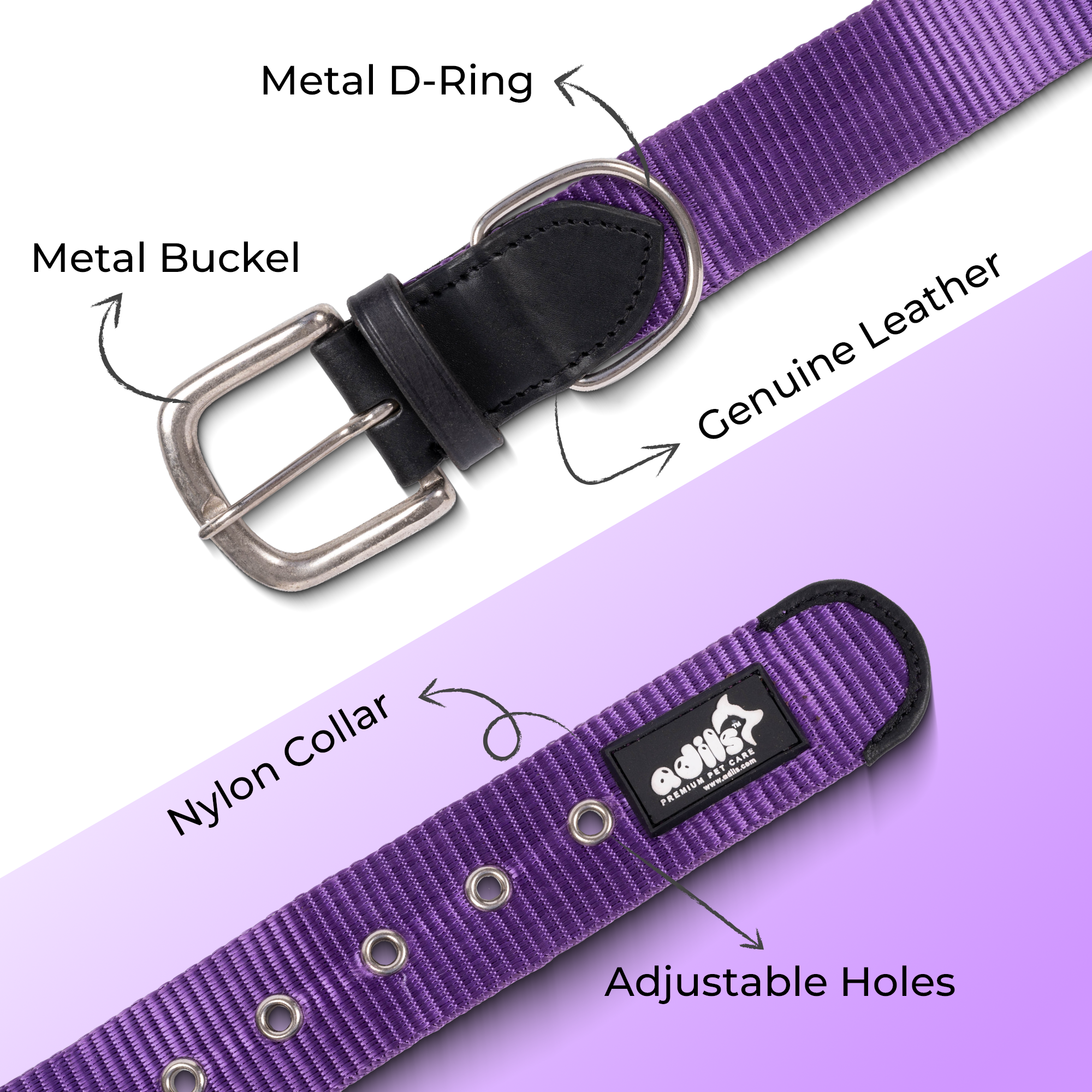 Adil’s Nylon Dog Collar & Leash Combo Set 1.5 Inch Wide Adjustable Collar with Strong Metal Buckle & D-Ring, 5 Ft Durable Leash with 360° Swivel Hook Pets