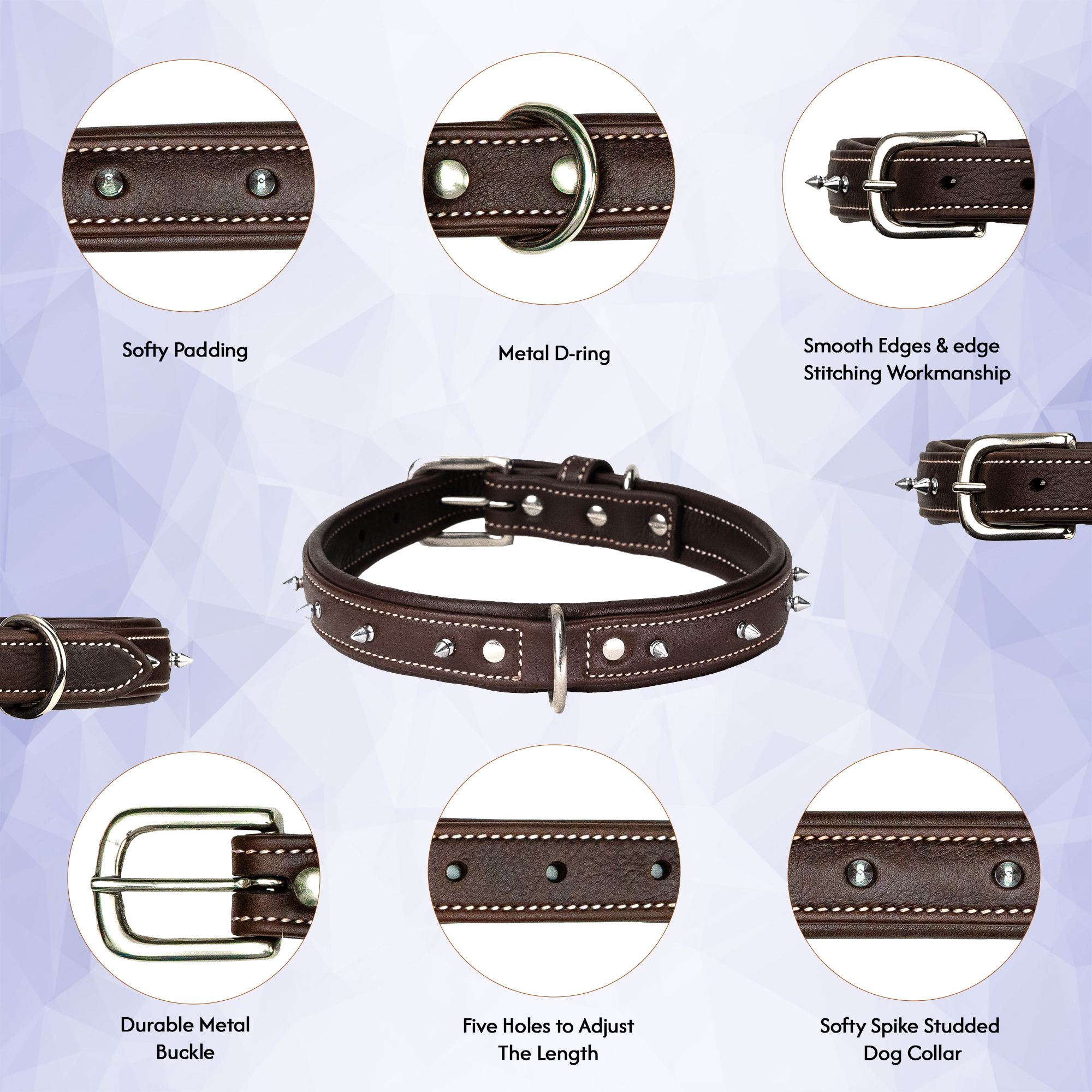 Adil's Spiked Softy Leather Dog Collar with Mushroom Rivet Studs - Adjustable for All Breeds, Metal Buckle & D-Ring
