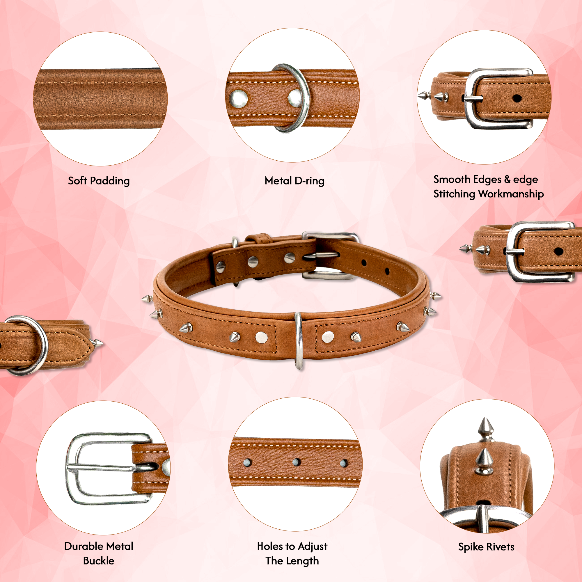 Adil's Spiked Softy Leather Dog Collar with Mushroom Rivet Studs - Adjustable for All Breeds, Metal Buckle & D-Ring