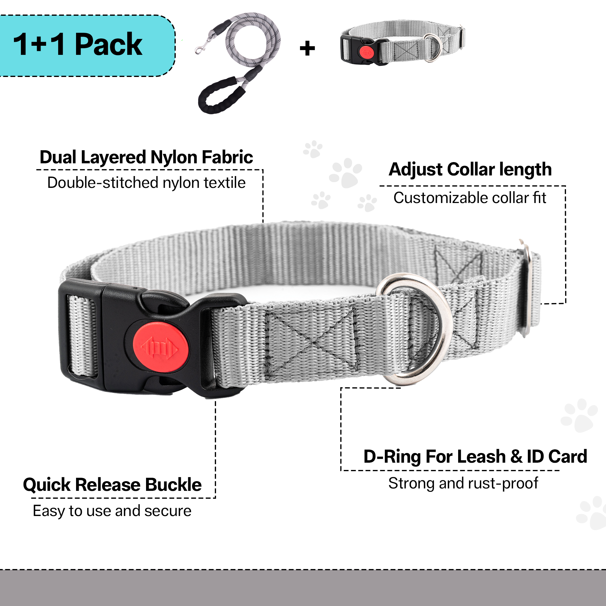 Adil's Nylon Dog Collar & Reflective Leash Set - Soft Padded, 5ft for All Breeds