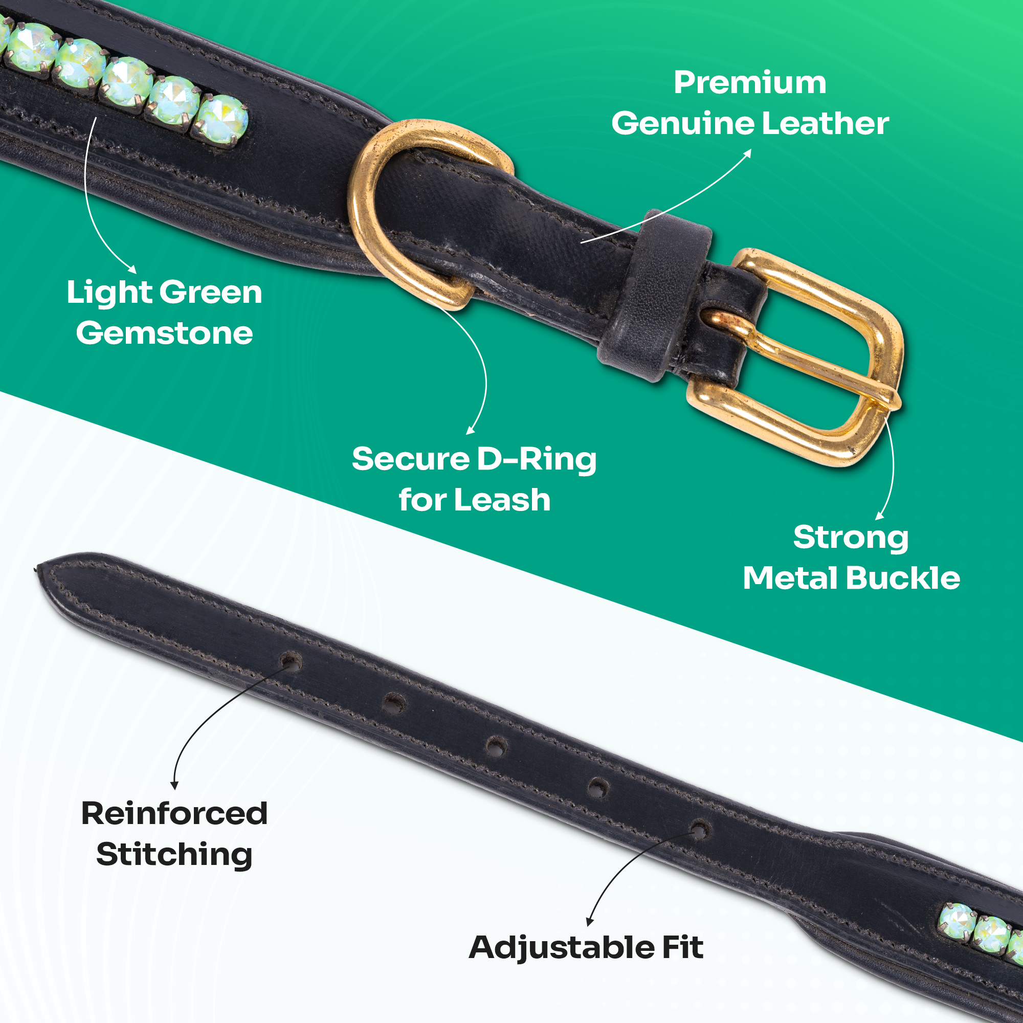 Adil’s Crystal Dog Collar, 1 inch Wide Green Gemstone Chain Leather Dog Collars for Small Medium Large Dogs, Adjustable Collars with Strong Metal Buckle & D-Ring