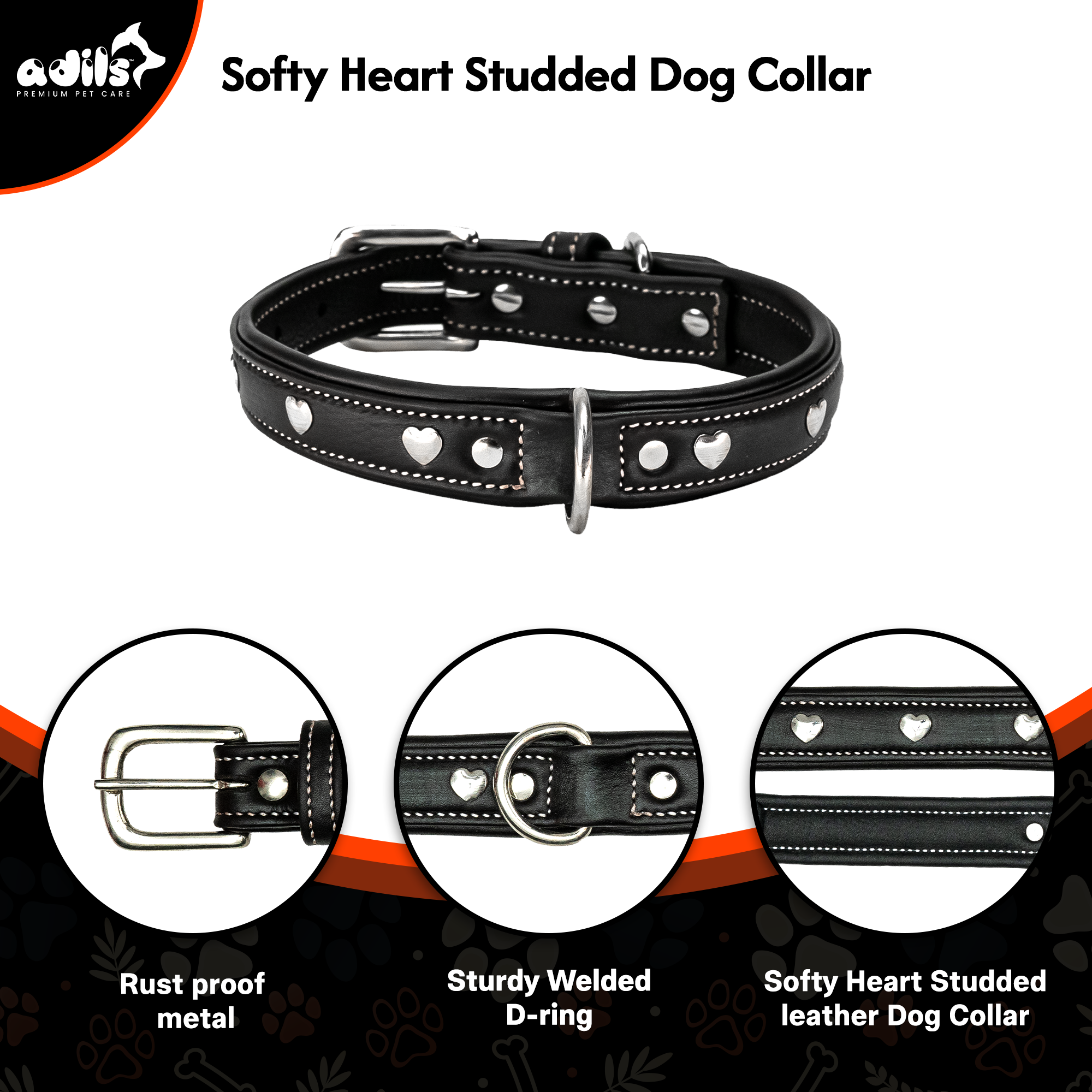 Adil'S Genuine Leather Heart Studded Dog Collar 1in Width, Neck Size: 12" to 26", Cognac Leather Dog Collar with Soft Padding, Sturdy & Strong D-Ring for leashes & ID Card