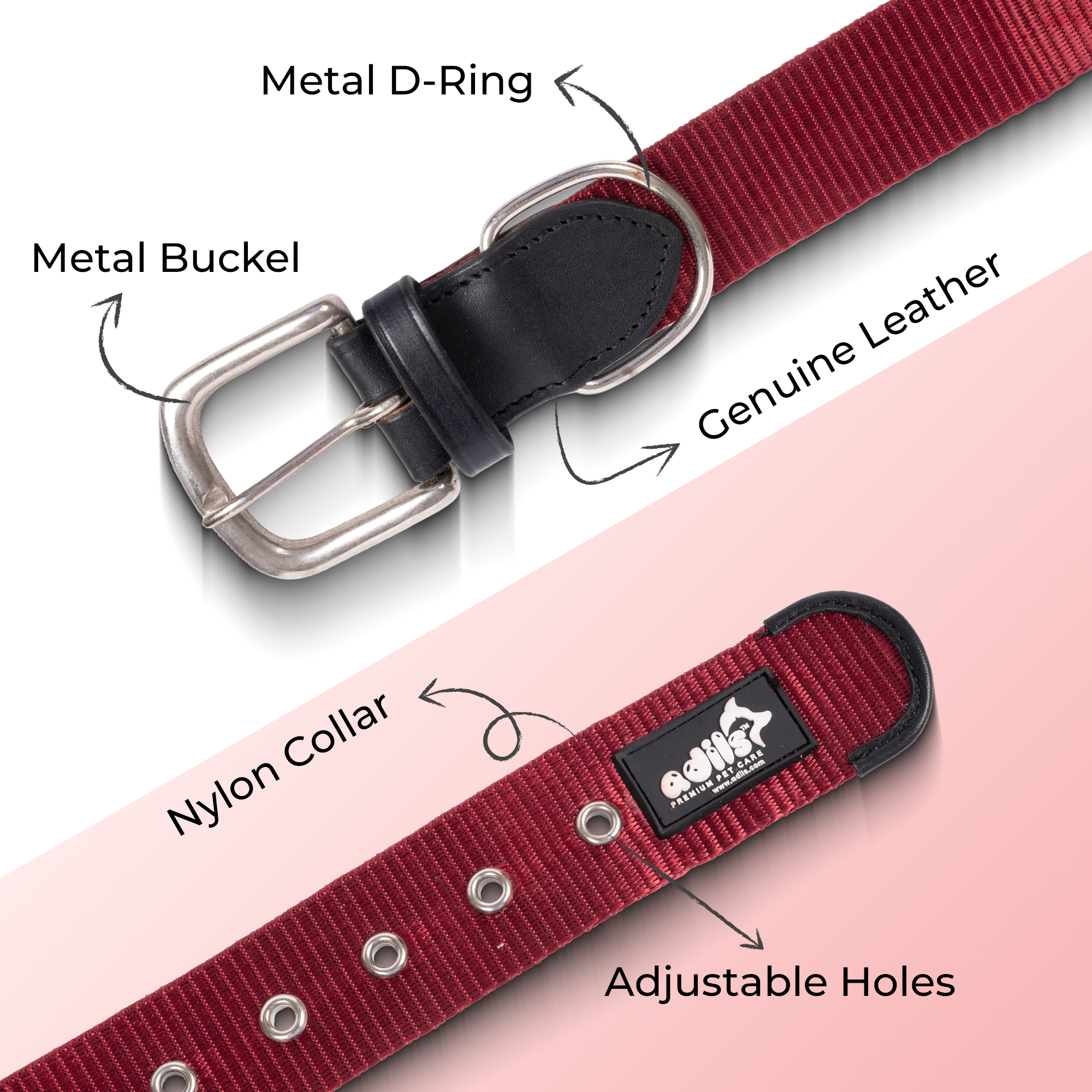 Adil’s Nylon Dog Collar & Leash Combo Set 1.5 Inch Wide Adjustable Collar with Strong Metal Buckle & D-Ring, 5 Ft Durable Leash with 360° Swivel Hook Pets