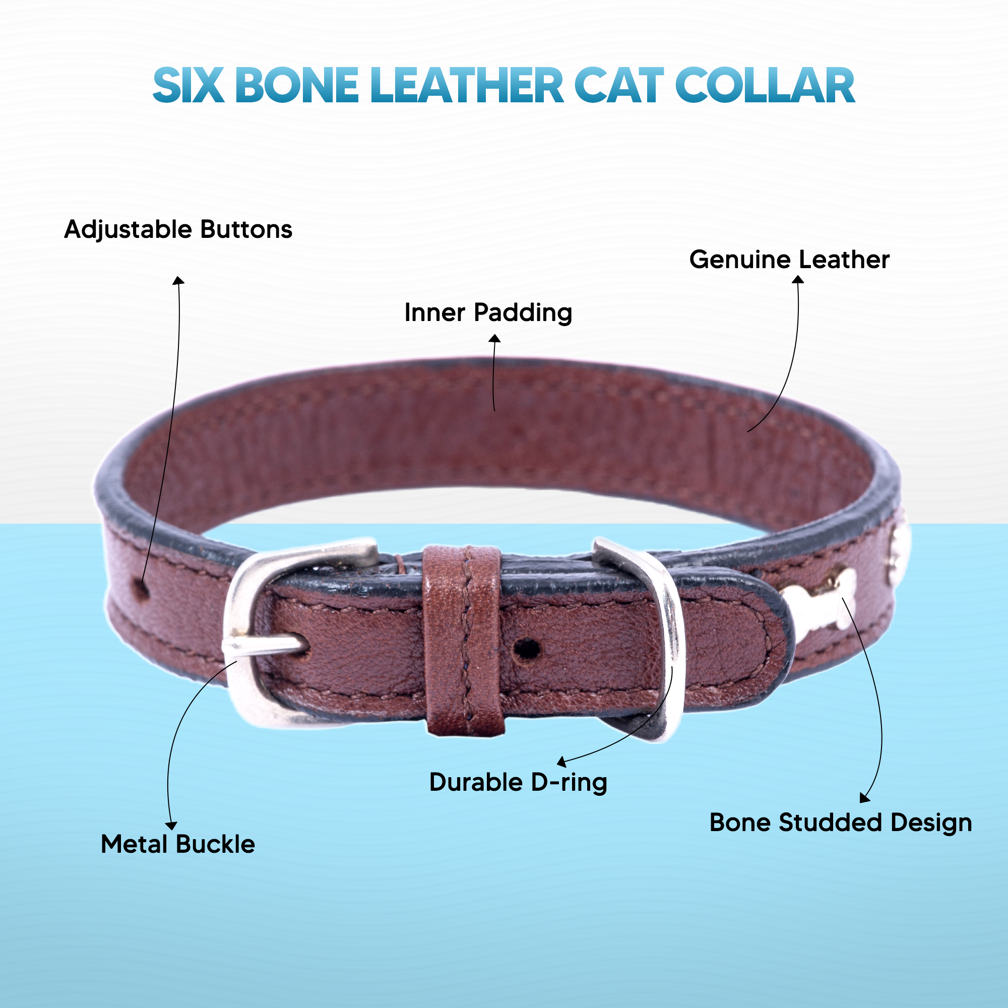 Adil’S Leather Cat Collar - Stylish Six Bone Studded Design, Breakaway Soft pet Collar, Adjustable Metal Buckle with Strong D-Ring for Leash attachments,Comfortable & Secure (Black)