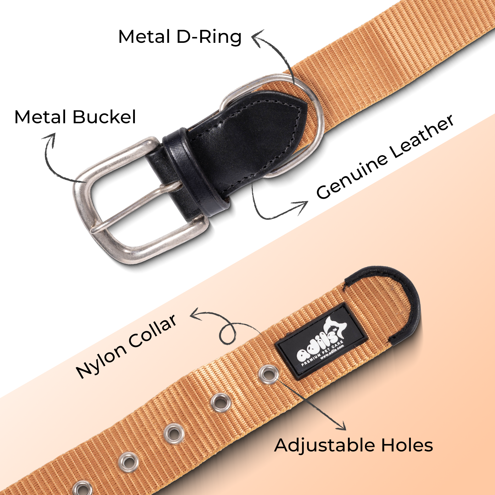 Adil’s Nylon Dog Collar & Leash Combo Set 1.5 Inch Wide Adjustable Collar with Strong Metal Buckle & D-Ring, 5 Ft Durable Leash with 360° Swivel Hook Pets