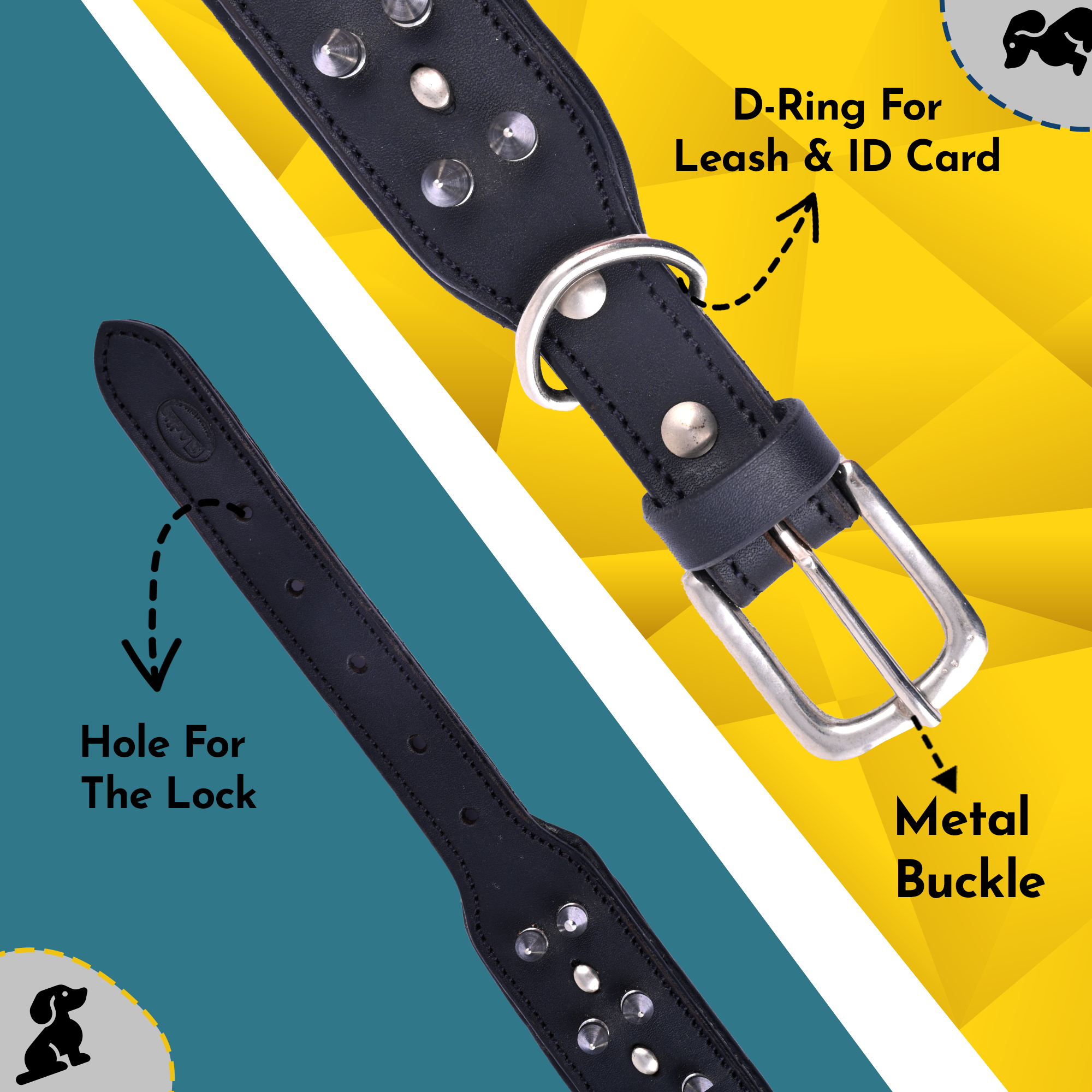 ADIL's Adjustable Spike Studded Dog Collars, Durable Leather Spike Pet Collars For Small Medium & Large Breeds, Strong Metal D-Right & Buckle 1.5 cm