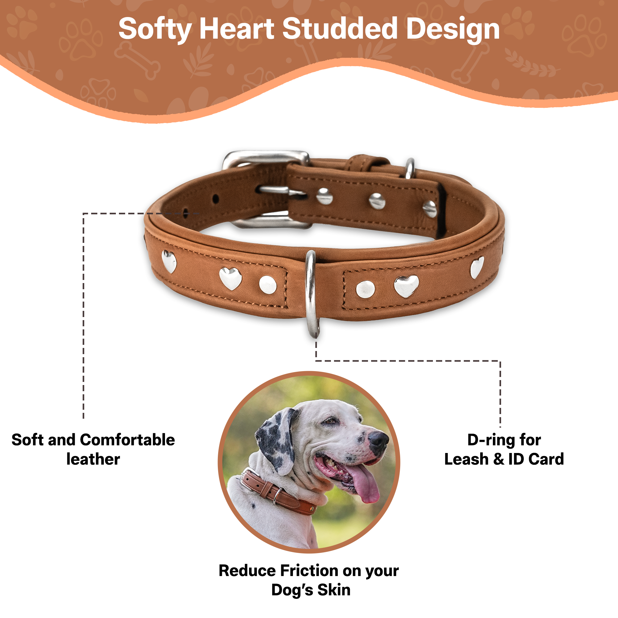 Adil'S Genuine Leather Heart Studded Dog Collar 1in Width, Neck Size: 12" to 26", Cognac Leather Dog Collar with Soft Padding, Sturdy & Strong D-Ring for leashes & ID Card