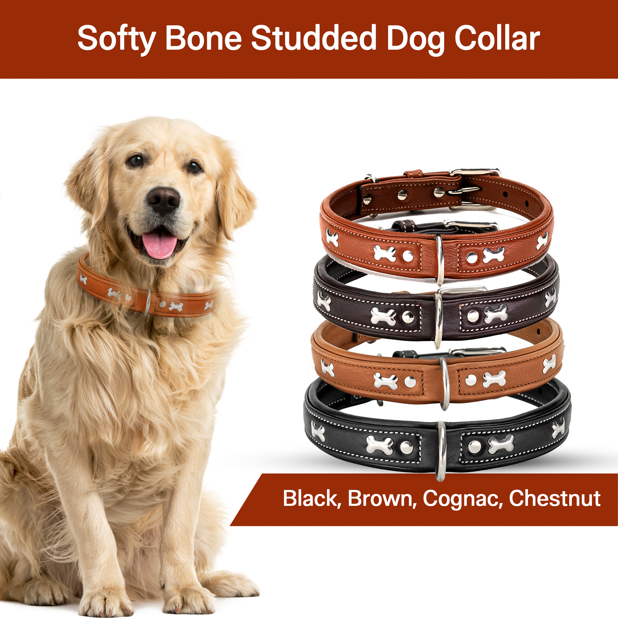 Adil's Metal Bone Studded Soft Leather Dog Collar - 1-Inch Adjustable with Strong Metal Buckle & D-Ring