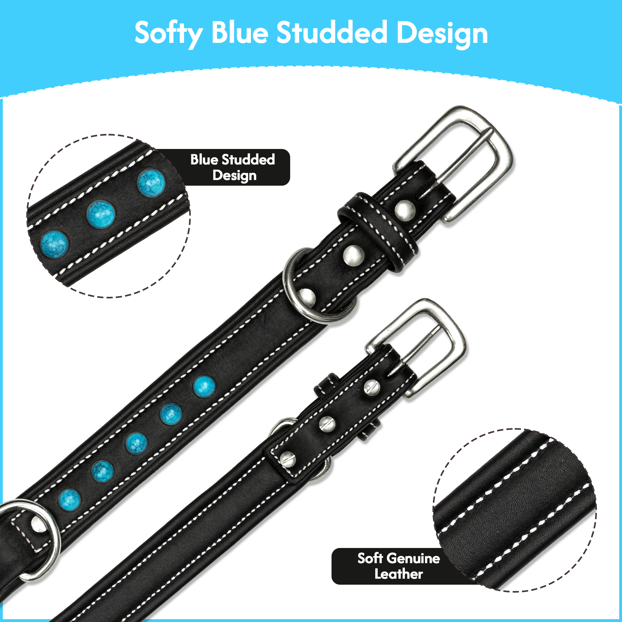 Adil's Blue Studded Softy Leather Dog Collar – 1-Inch Width, for Small to Large Dogs, with Metal Buckle and D-Ring.